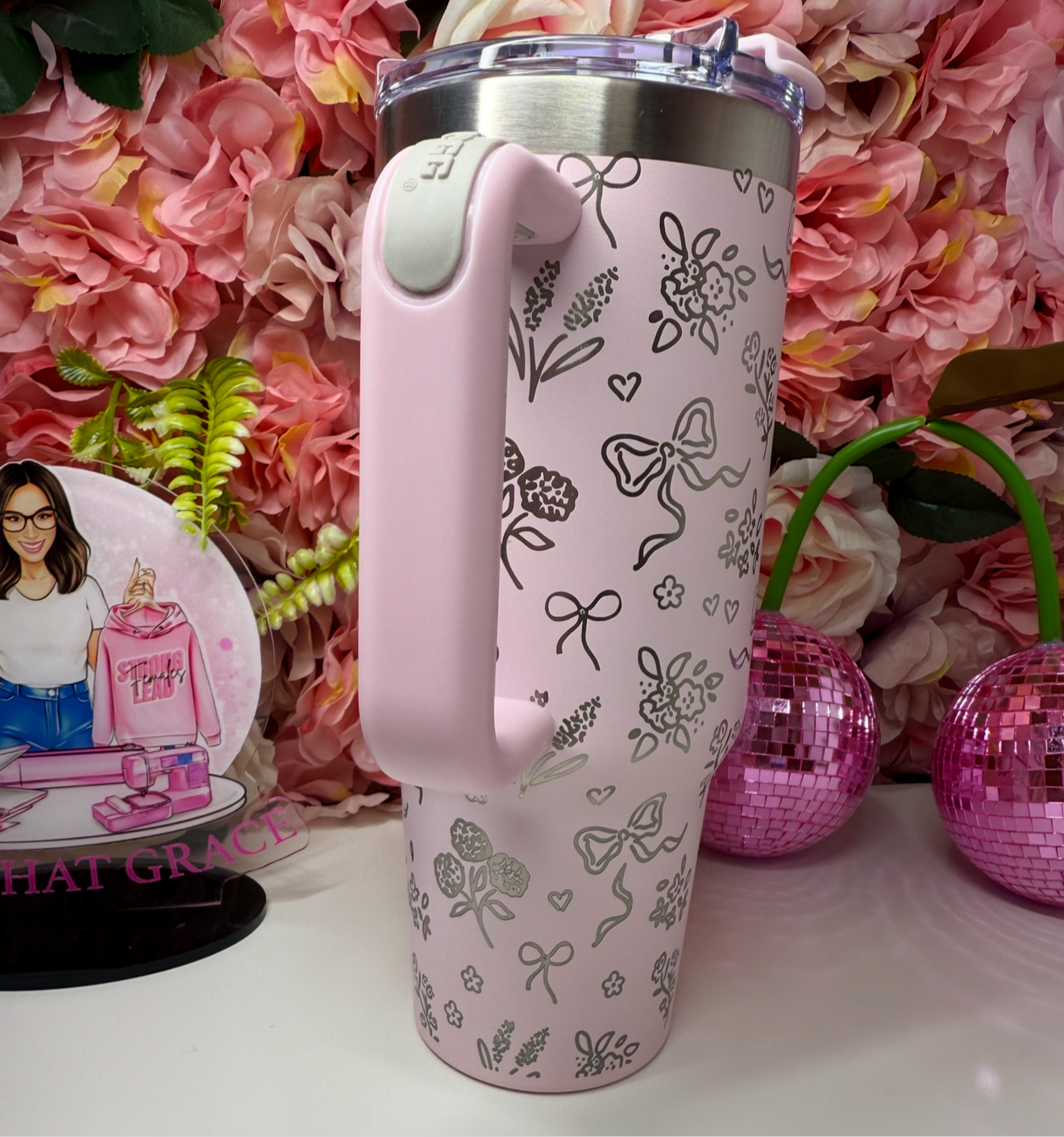 Floral Bow Coquette Engraved Peppermint Cream Blush Tumbler 40oz
