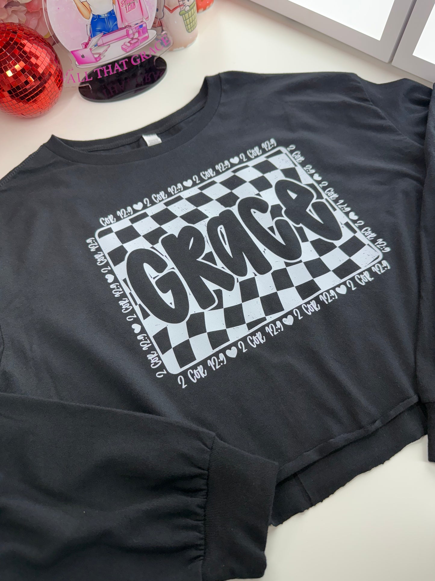 Grace Vintage Checked Long Sleeved Tee in Black