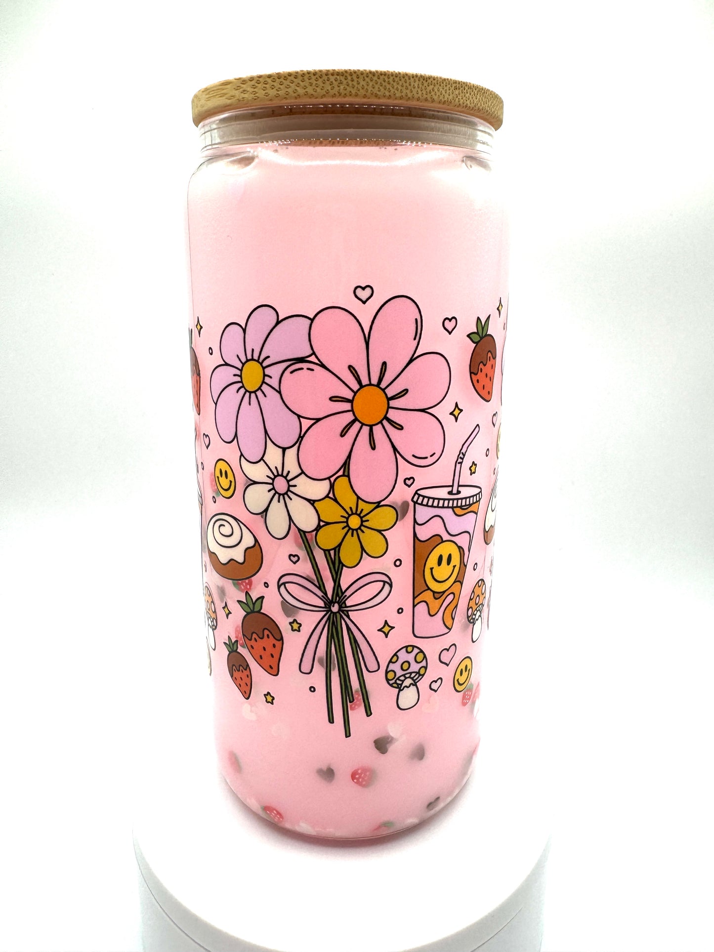 Retro Flower and Coffee in a Strawberry Milk Snow Globe 16oz cup