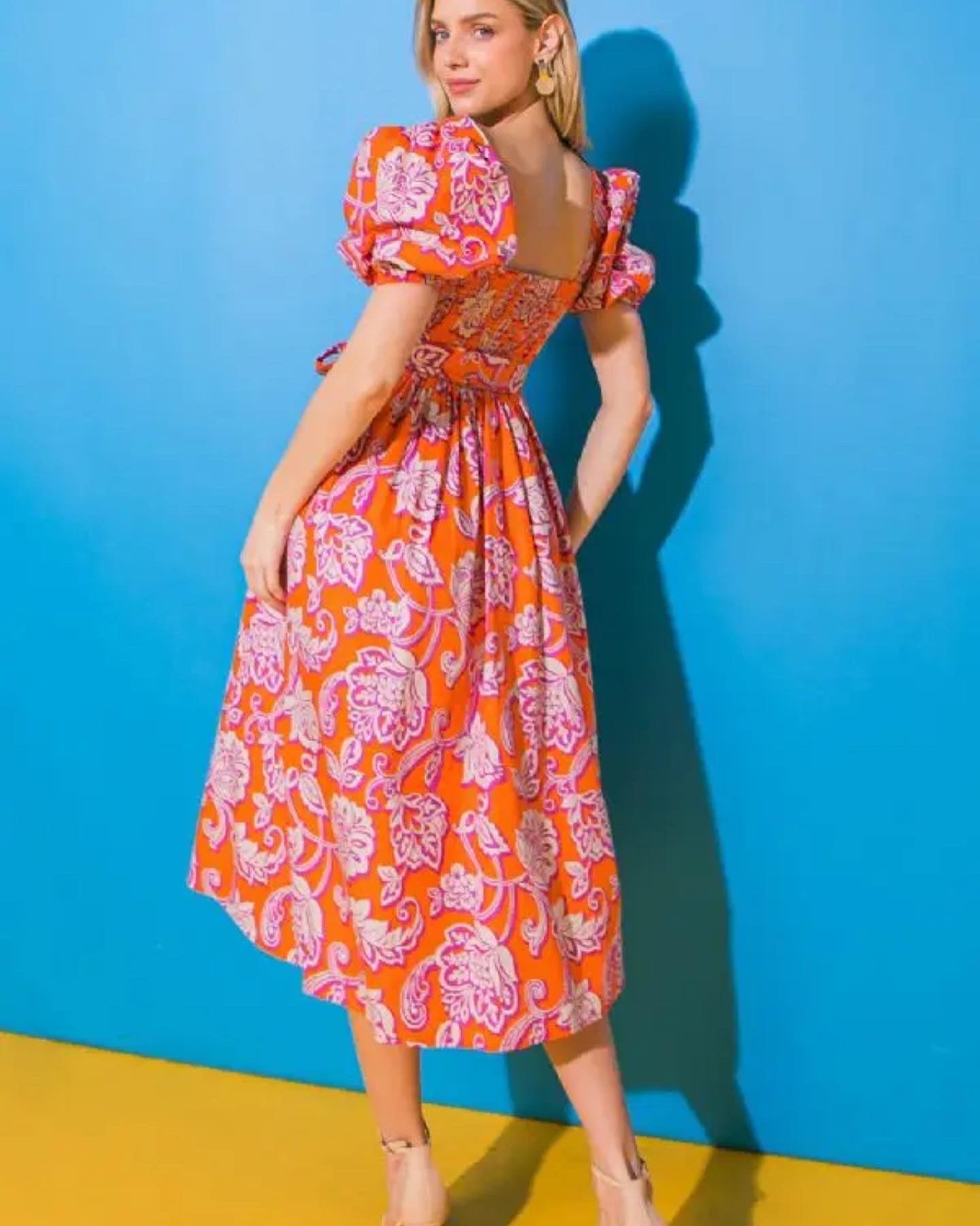 Printed Woman's Poplin Midi Dress in Orange and Pink