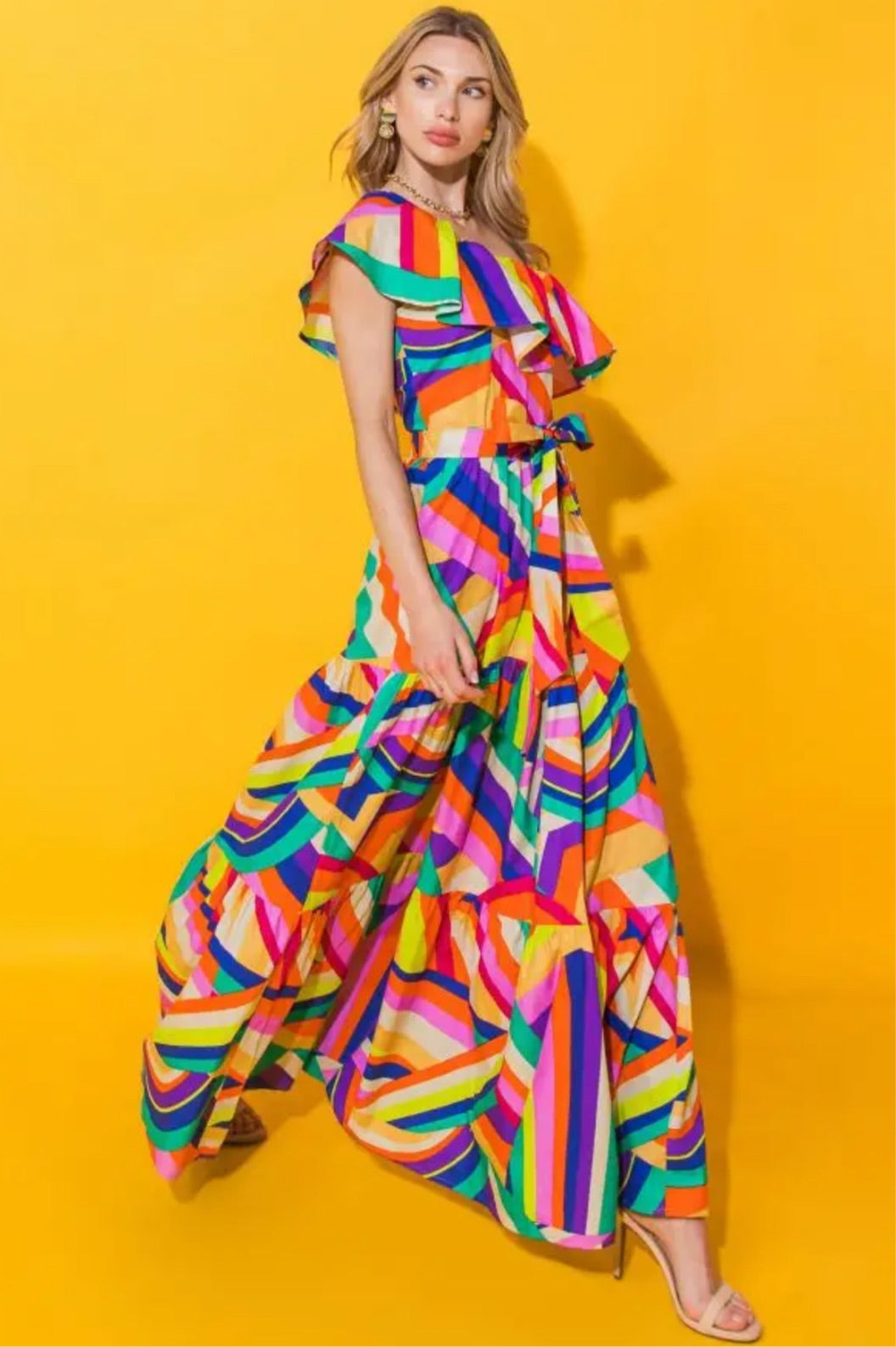 Printed Woman's Poplin Maxi Dress in Rainbow