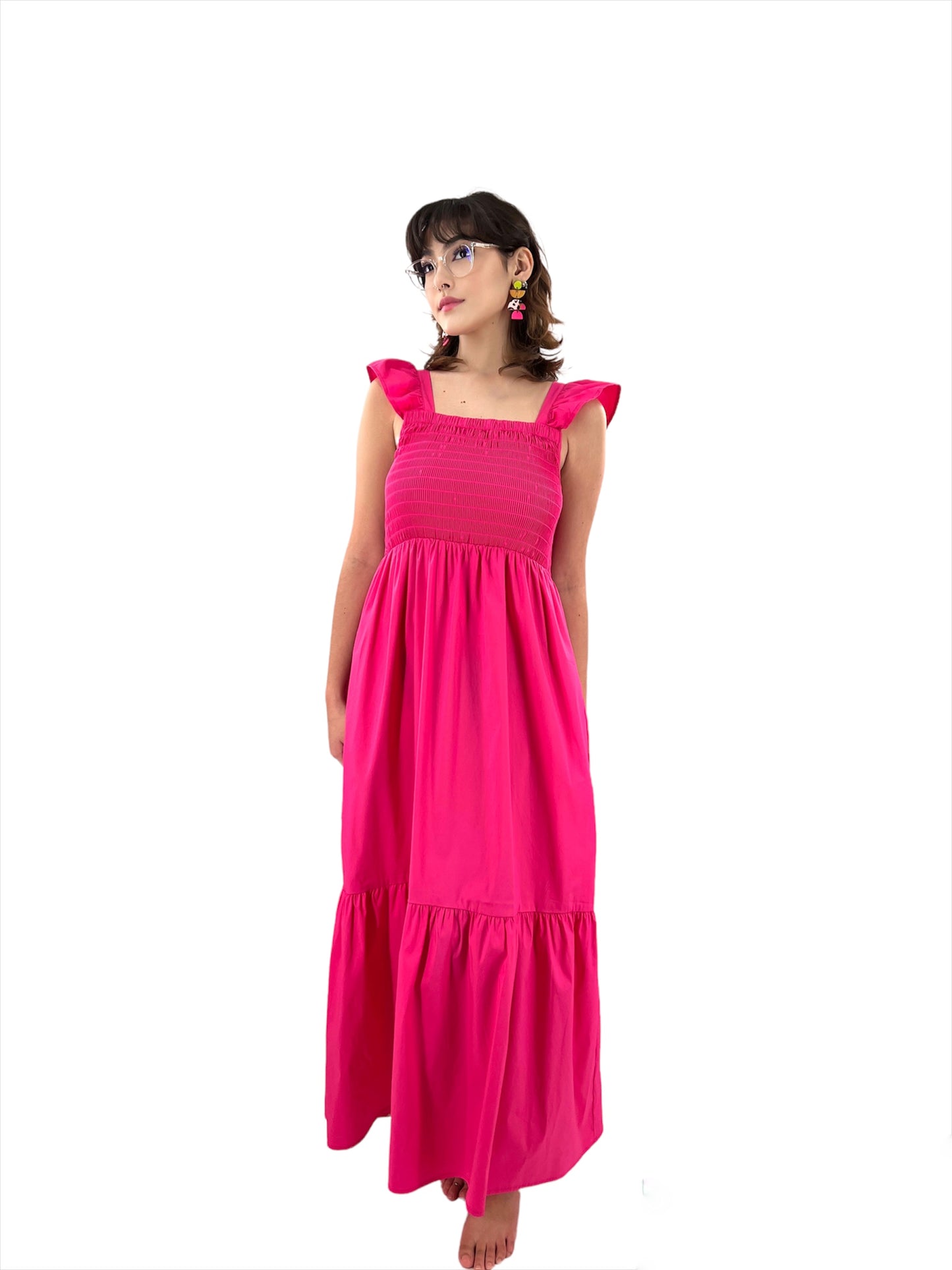 Neon Pink Smocked Poplin Midi Dress