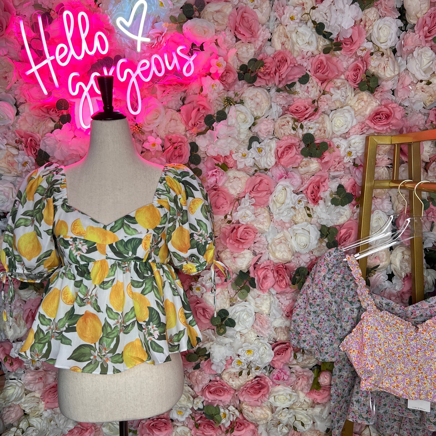 English Factory Lemon Print Peplum Puff Sleeve Top
