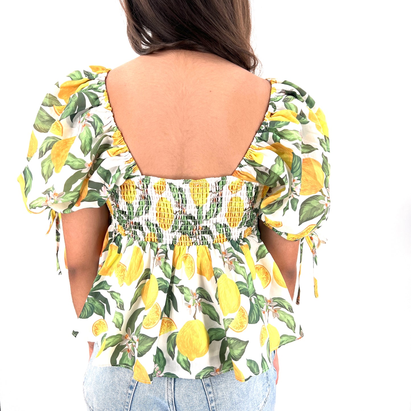 English Factory Lemon Print Peplum Puff Sleeve Top