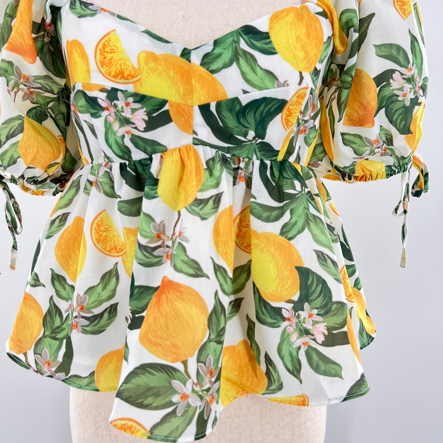 English Factory Lemon Print Peplum Puff Sleeve Top