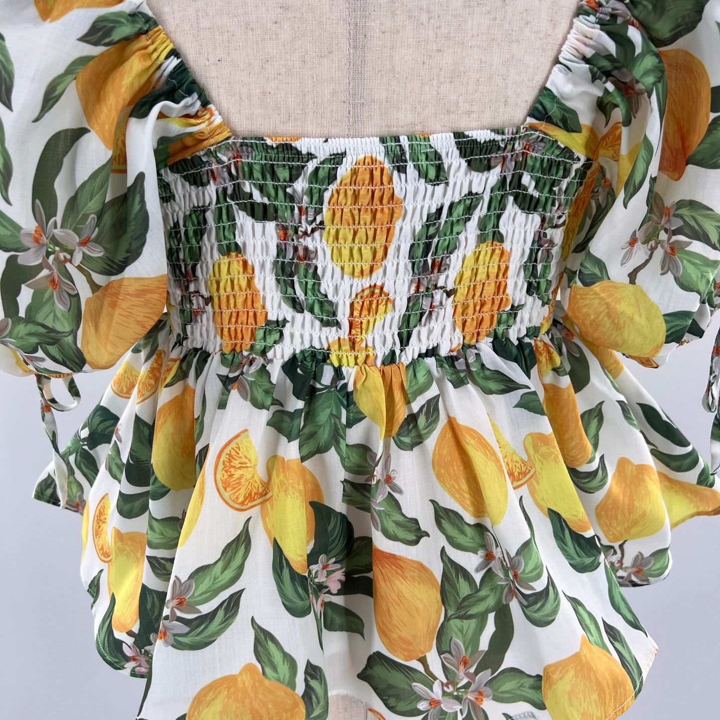English Factory Lemon Print Peplum Puff Sleeve Top