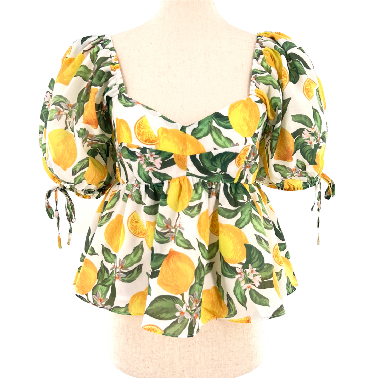 English Factory Lemon Print Peplum Puff Sleeve Top
