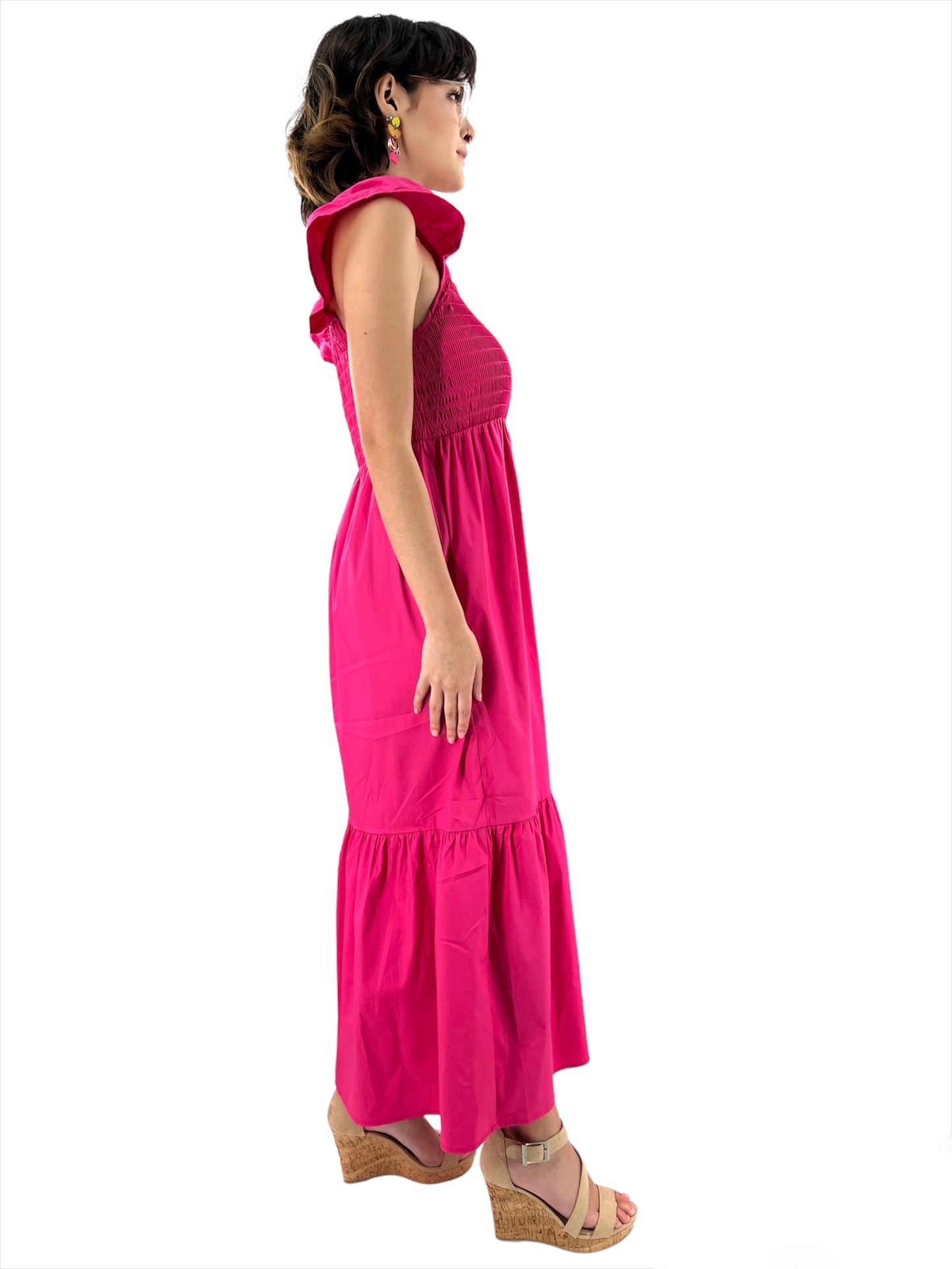 Neon Pink Smocked Poplin Midi Dress