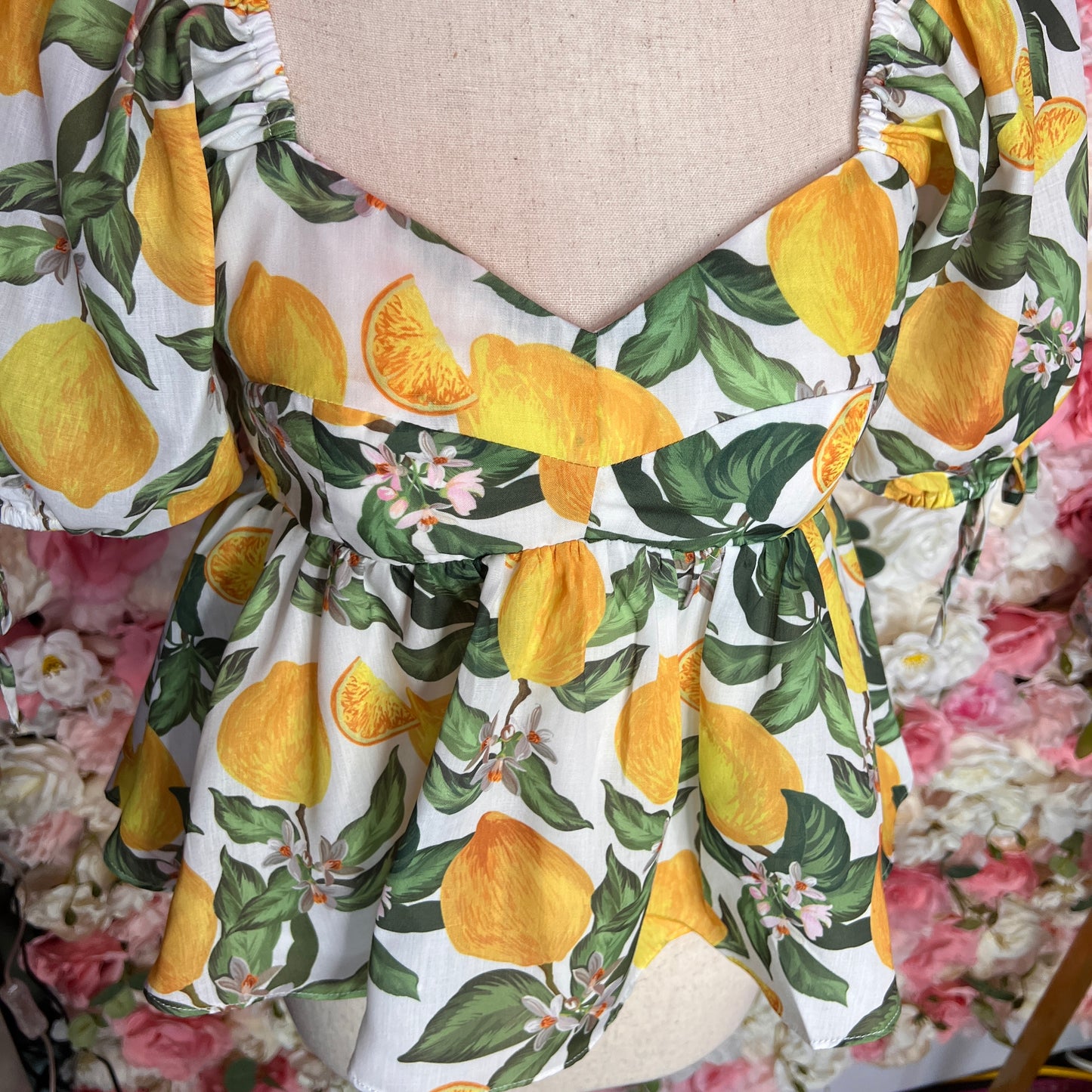 English Factory Lemon Print Peplum Puff Sleeve Top