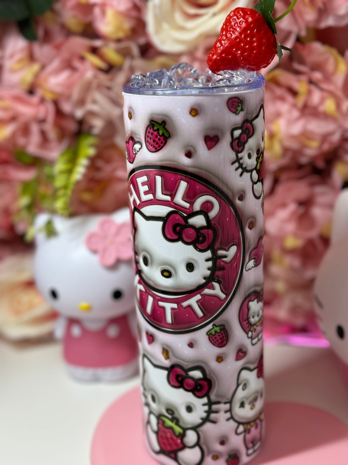 Kitty Strawberry 3D 20oz Skinny Tumbler W/Strawberry & Ice Top