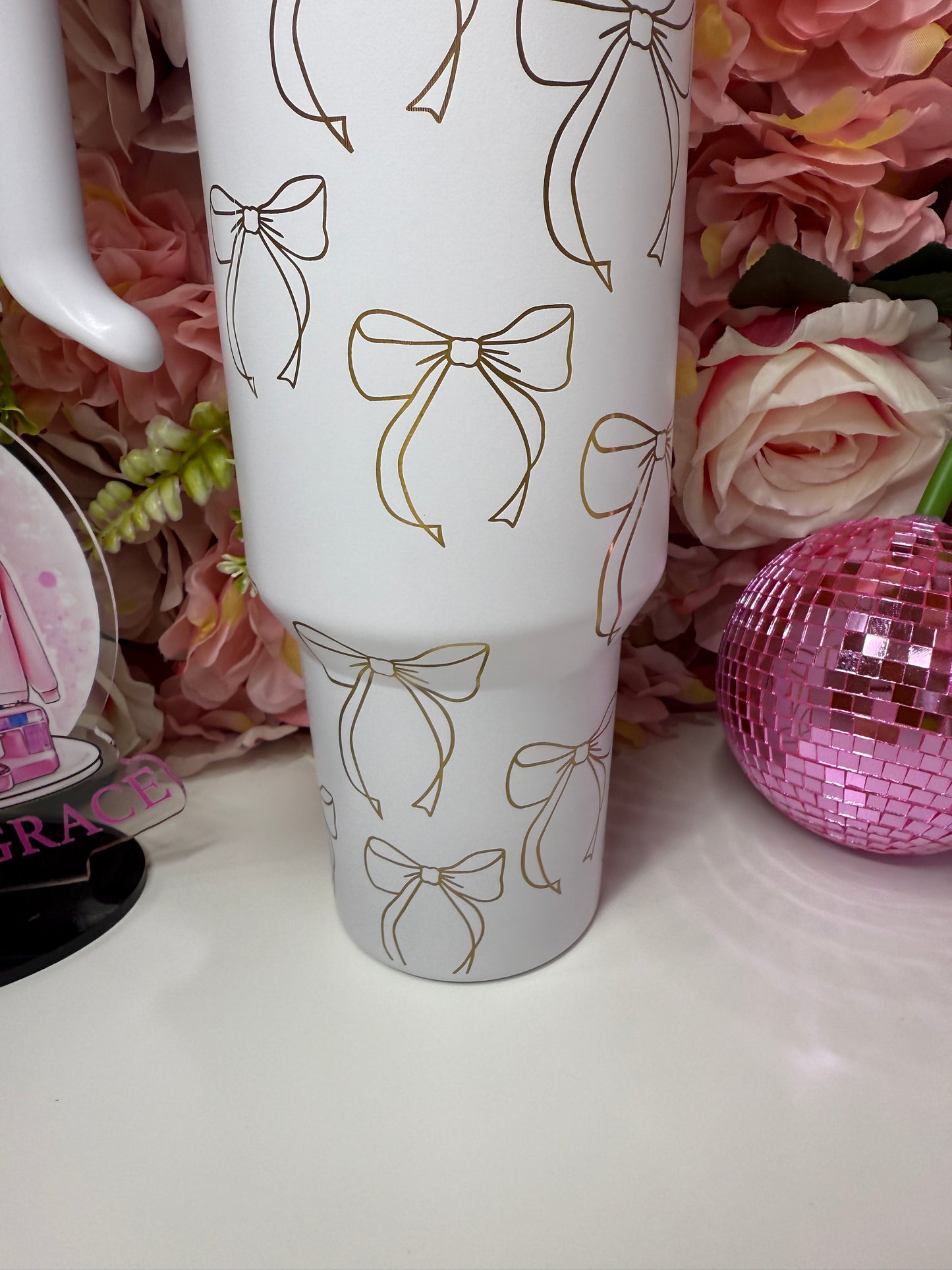 Bow Coquette Engraved Tumbler Gold and White 40oz Available in Different Colors