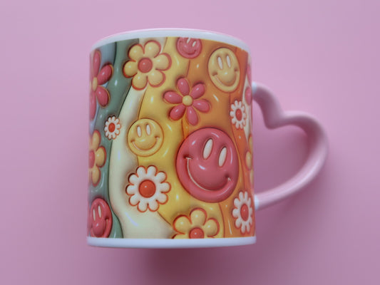 Retro 3D Smiley Face and Flowers Mug 11oz