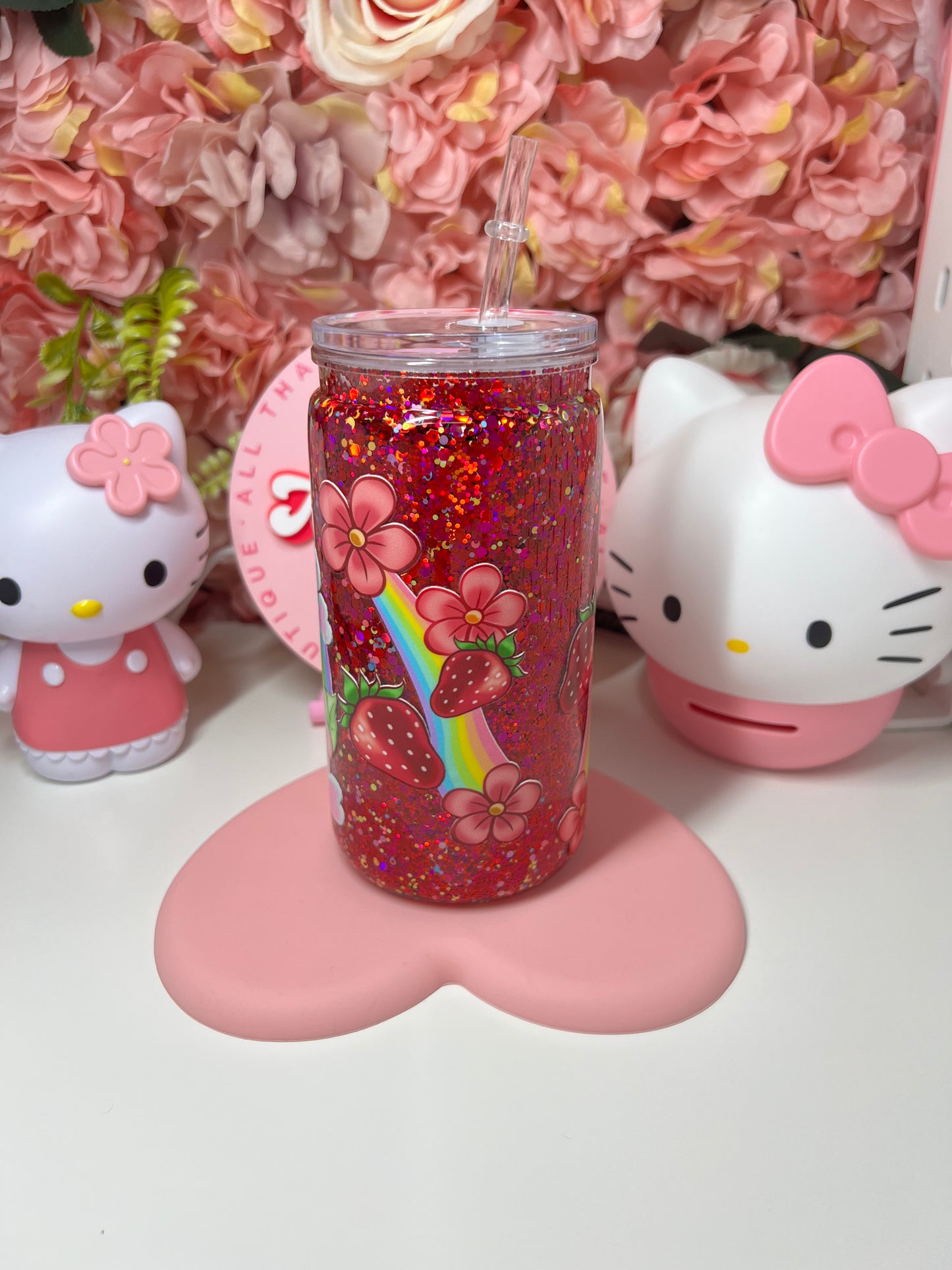 Strawberry Glitter Acrylic Snow Globe Cup