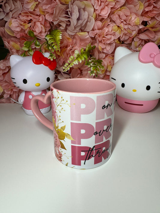 Pray Pray Pray Floral Pink Ceramic Pink Heart Handle Mug 11oz