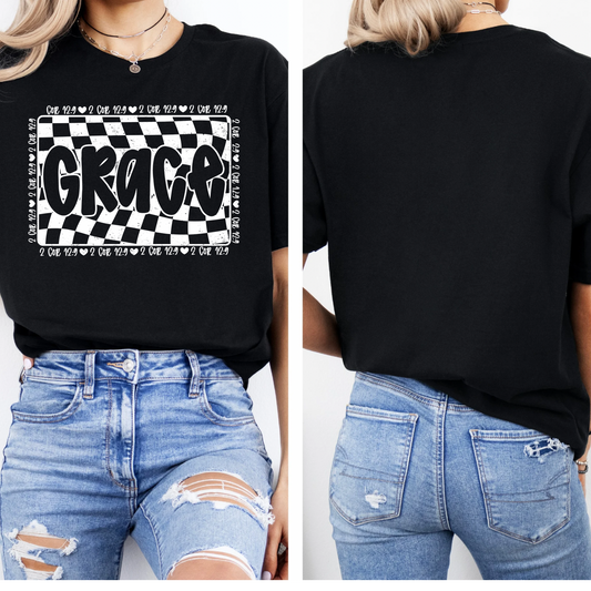 Grace Checked Vintage Style Bible Verse Soft Style Black Tee