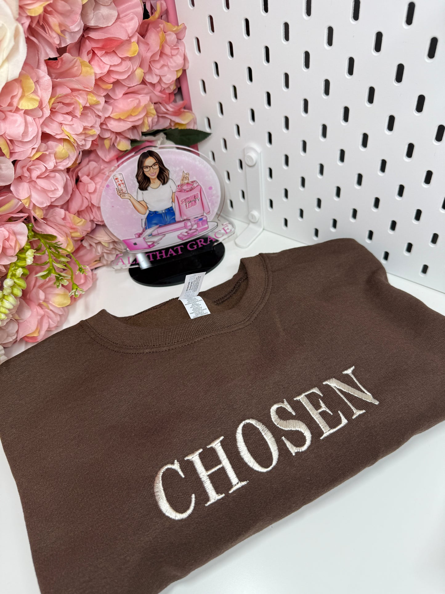 Chosen Embroidered Chocolate Brown Crew Neck Pullover Sweater With Ivory Stitching