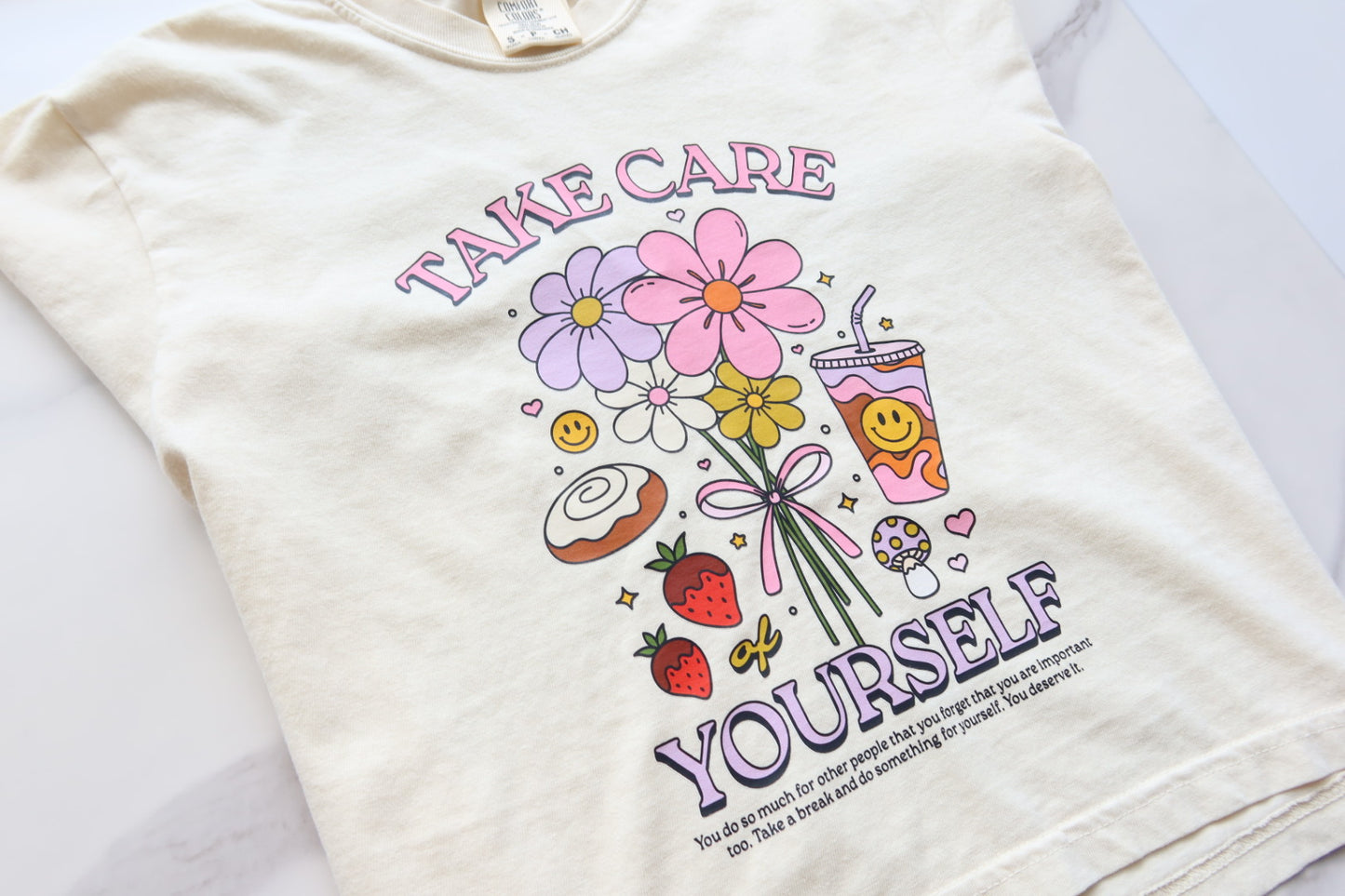 Take Care of Yourself Self Care Retro Boxy Fit Tee in Ivory