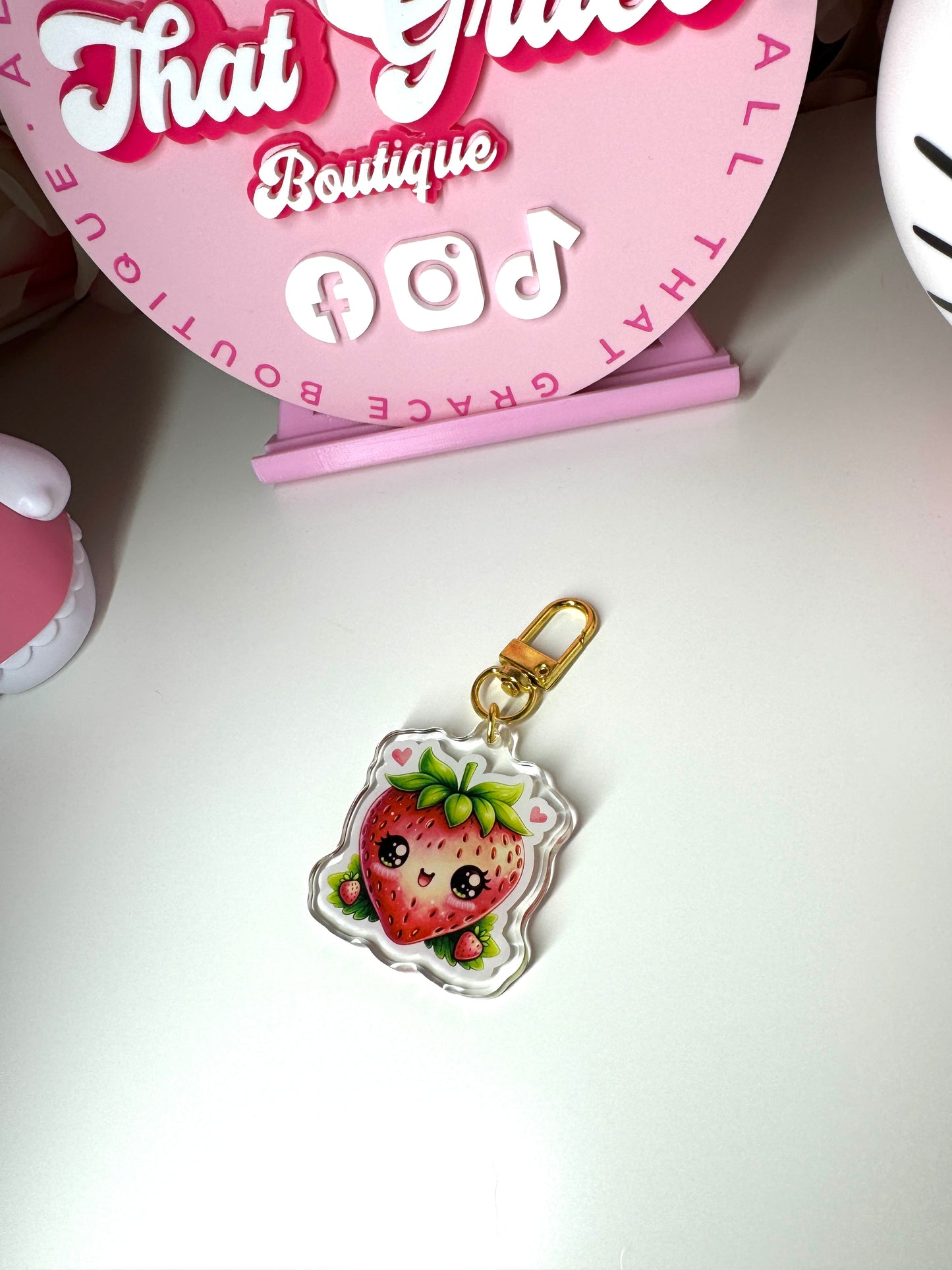 Kawaii Strawberry Face Acrylic Keychain