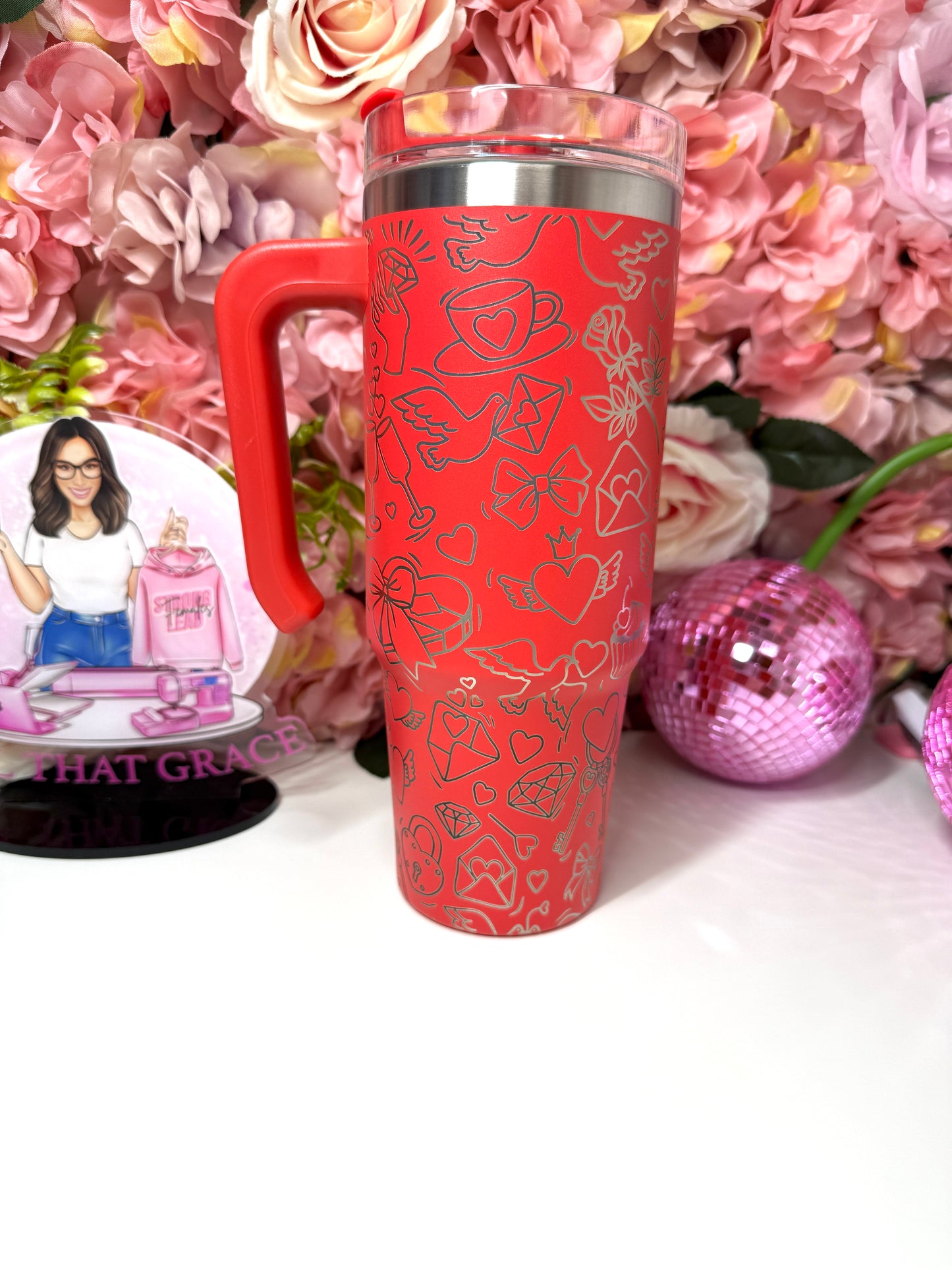 Valentines Love Letter Coquette Cherry Lip Engraved 30oz Red Grippy Tumbler