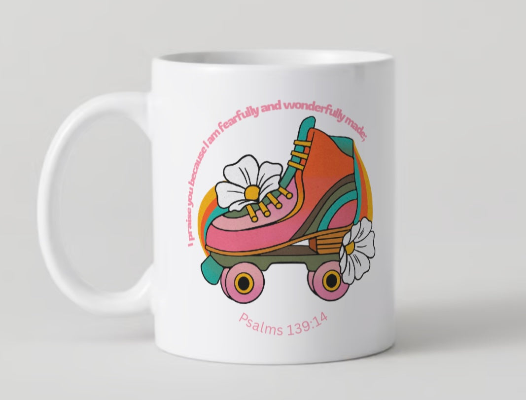 I Praise you because I am fearfully and wonderfully made Psalms 139:14 Retro Roller Skate Mug