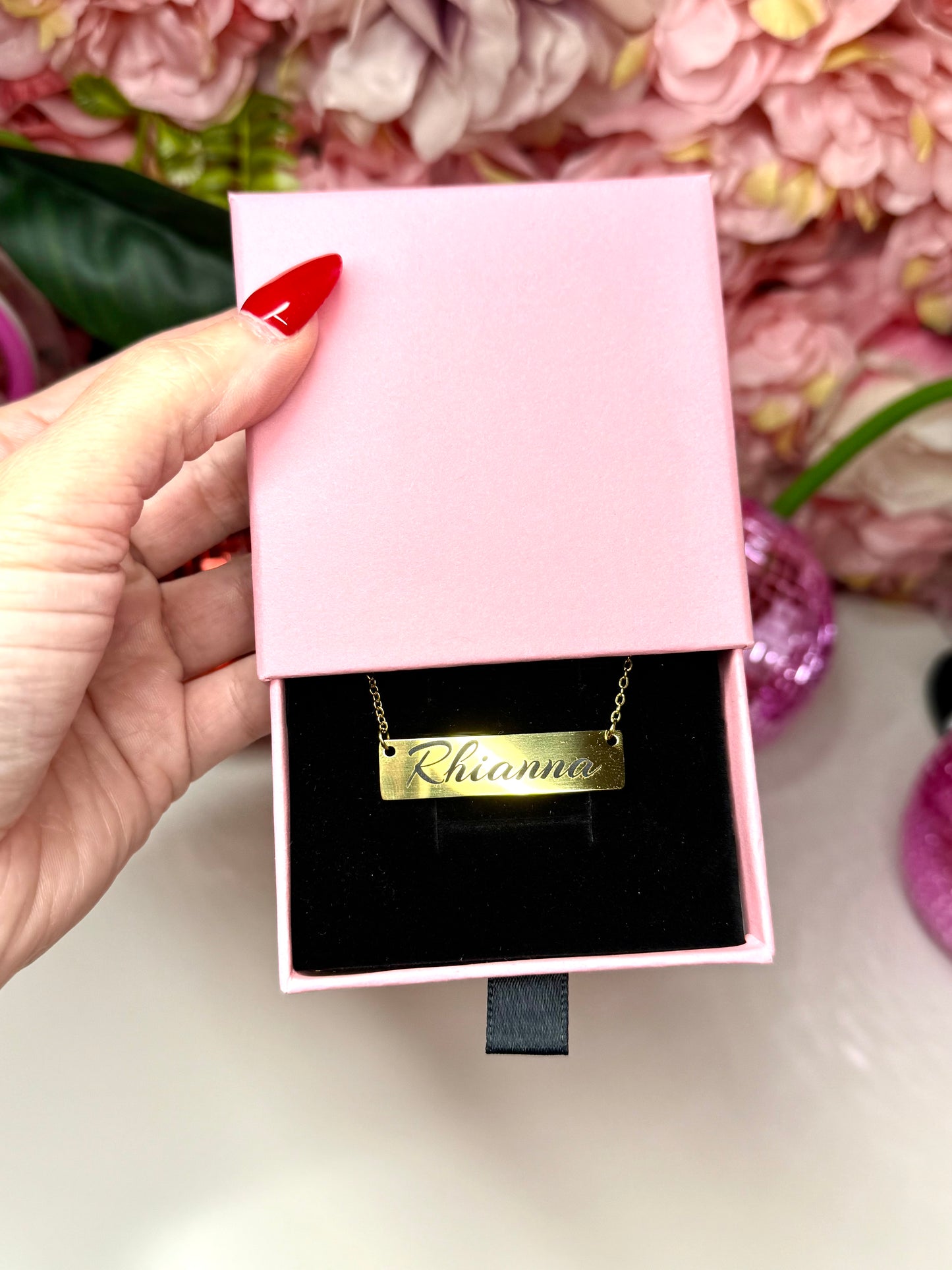 Custom Engraved Stainless Steel Bar Necklace in 18k Gold Plated