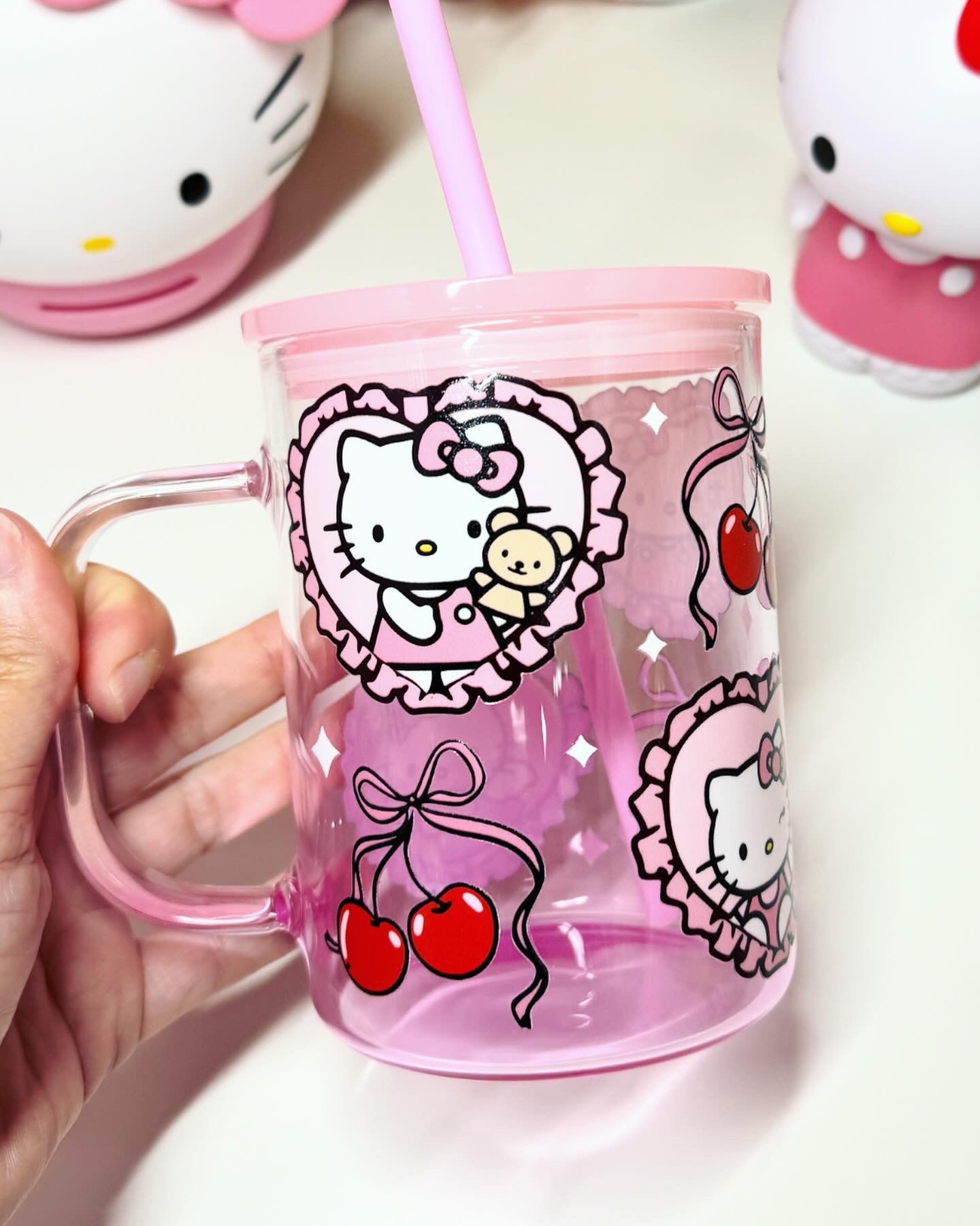 Cat, Bear, Bow, and Cherries Gradient Pink Mug