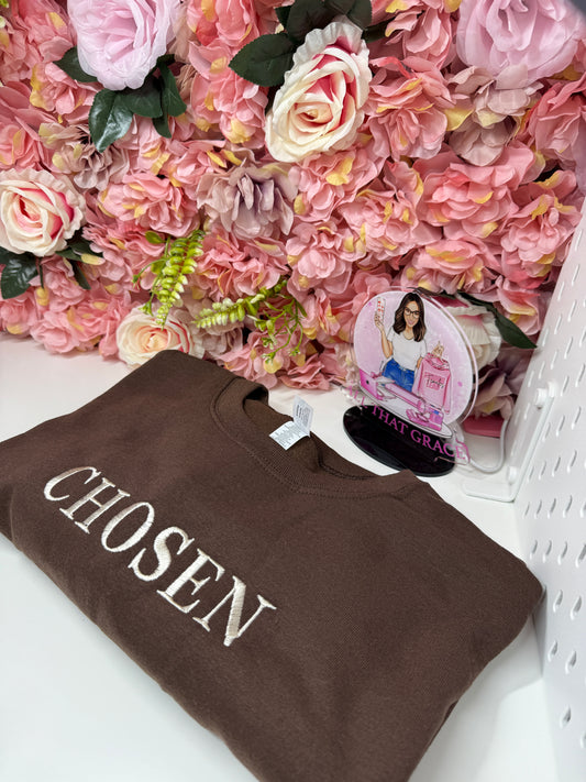 Chosen Embroidered Chocolate Brown Crew Neck Pullover Sweater With Ivory Stitching