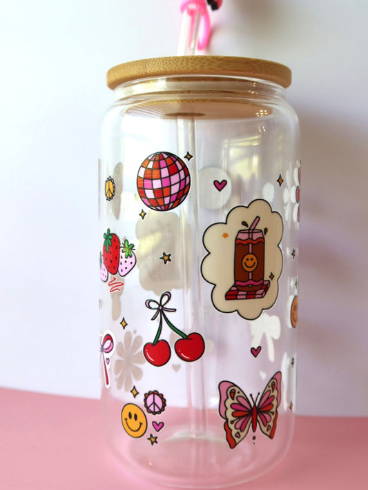 Retro Spring Fun Glass Libby 16oz Cup With Straw Topper