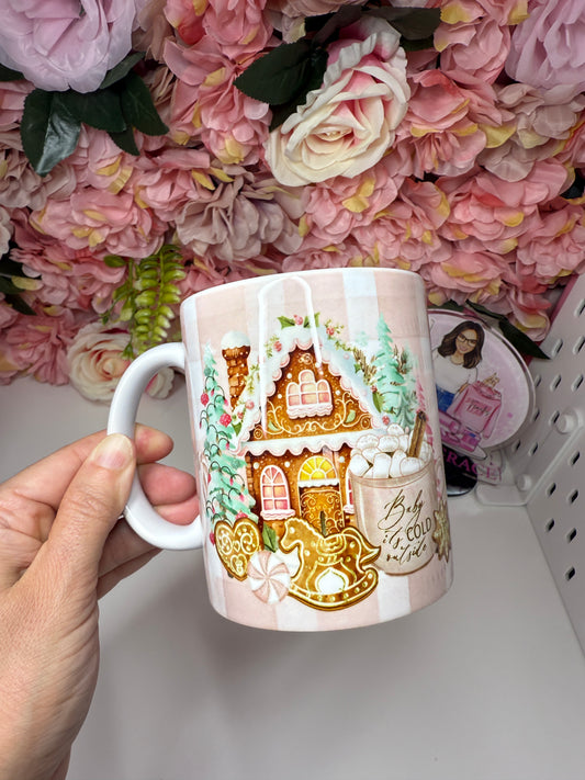 Baby It's Cold Outside Pink Gingham Gingerbread House Christmas Ceramic Coffee Mug