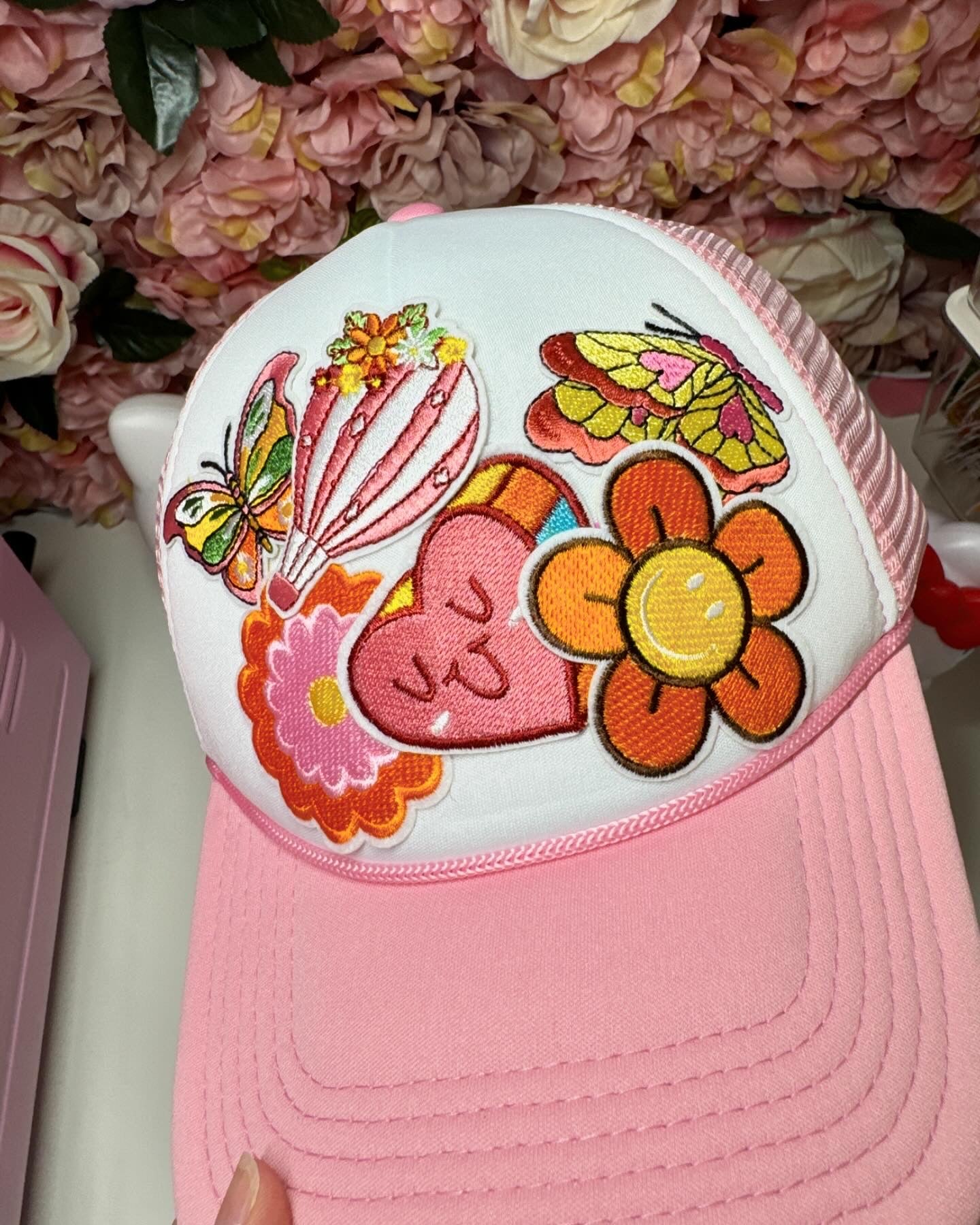 Retro One of A Kind Patch Trucker Hat in Pink and White