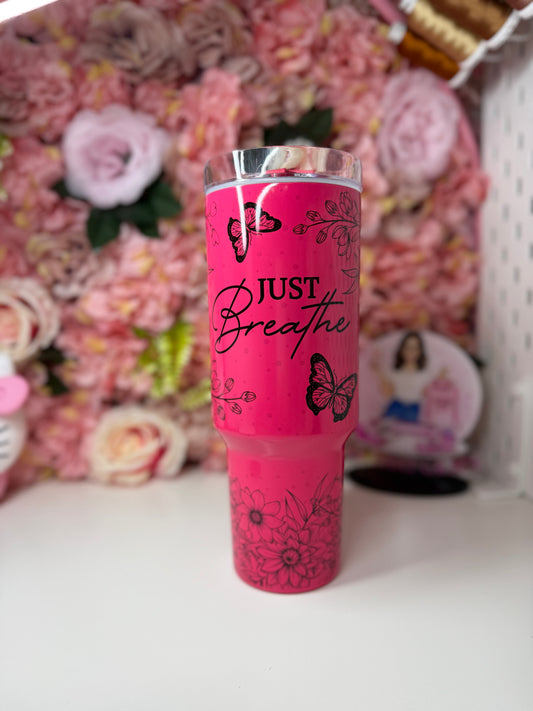 Just Breathe Butterfly Black and Neon Pink Tumbler 40oz