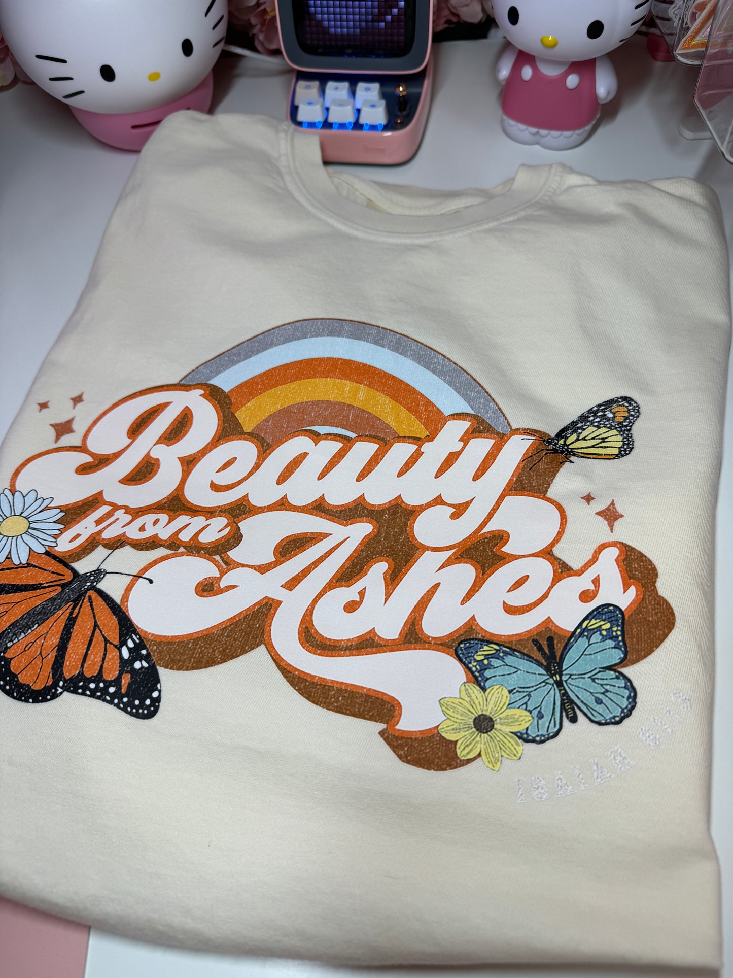 Beauty From Ashes Bible Verse Boho Butterfly Boxy Fit Tee in Ivory