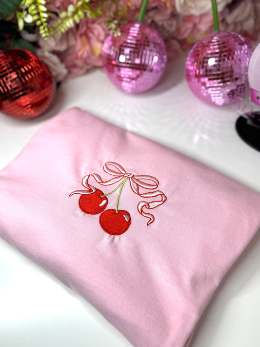 Cherry Coquette Bow Embroidered Cotton Short Sleeve Tee in Pink