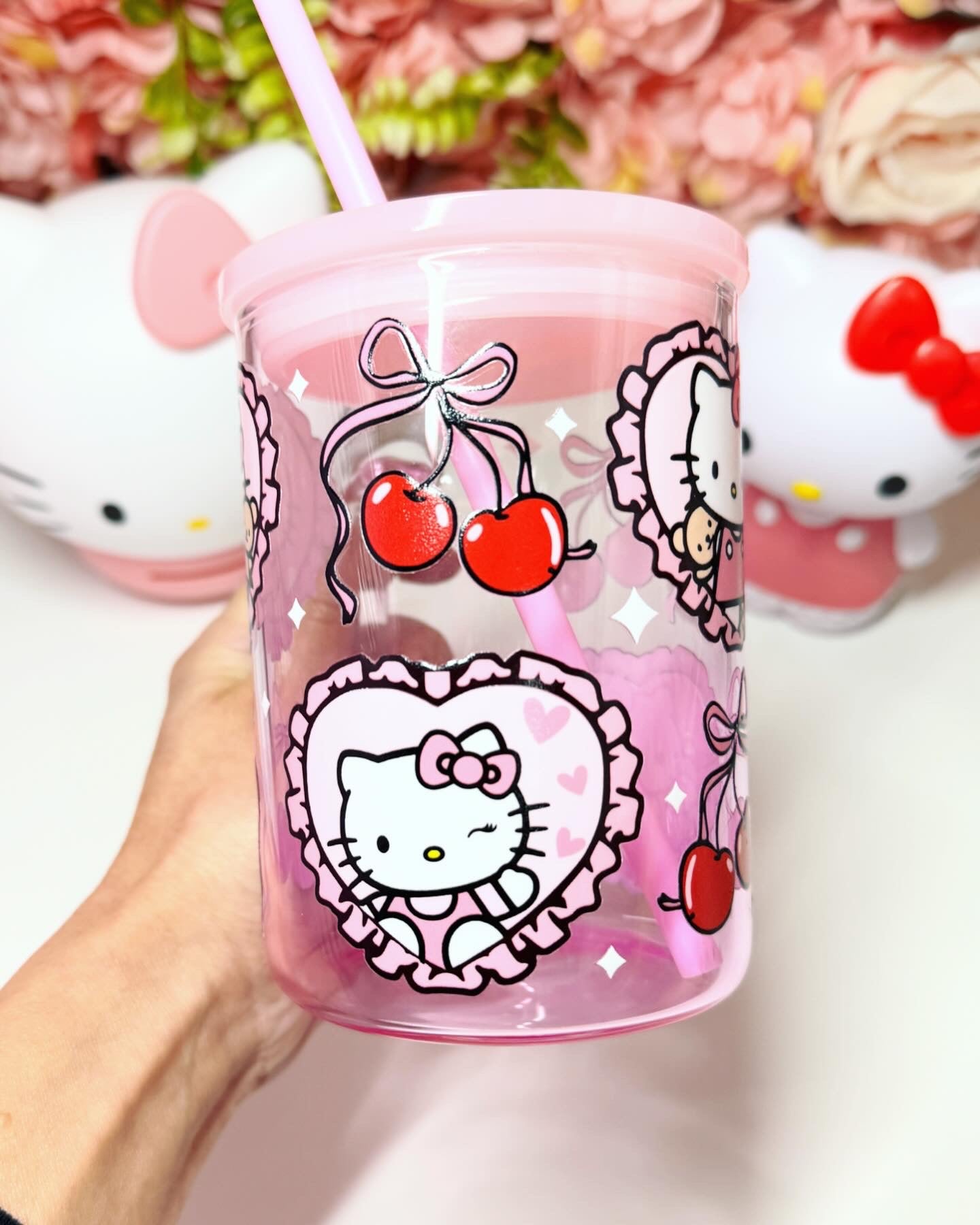 Cat, Bear, Bow, and Cherries Gradient Pink Mug