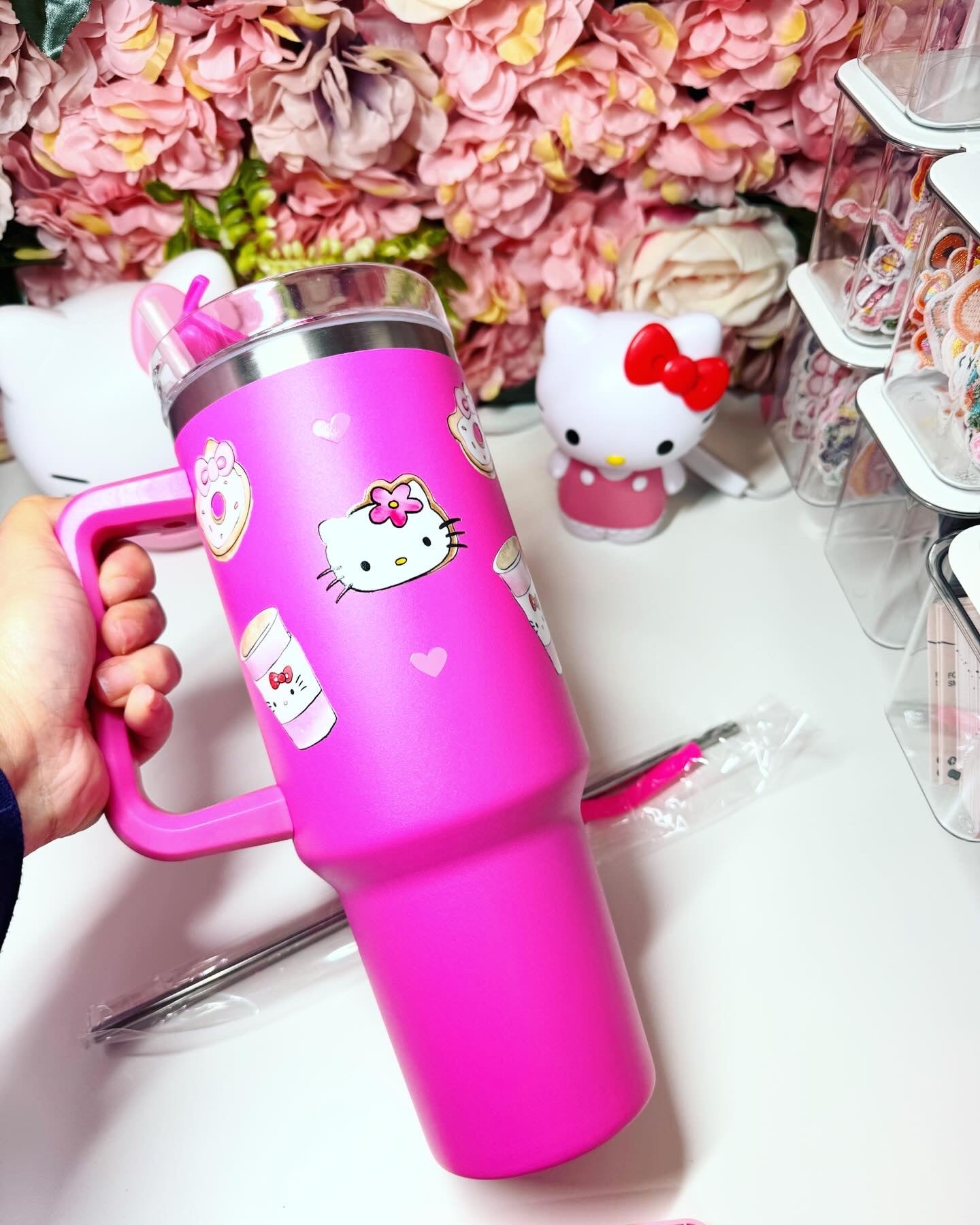 Kawaii Cat Donut & Coffee 40oz Travel Tumbler Hot Pink