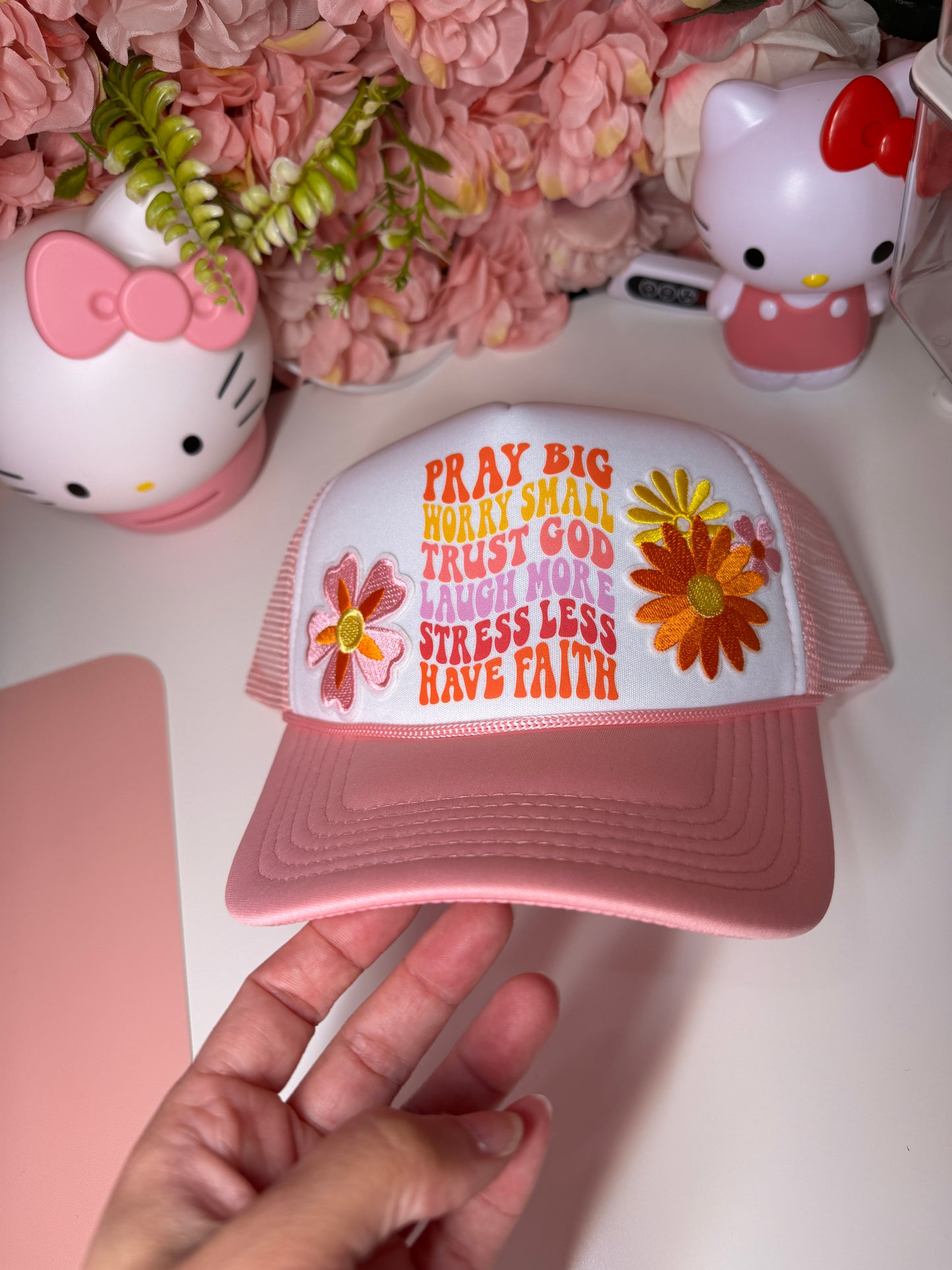 Pray Big Worry Small Trust God Floral Retro Pink & White Trucker Hat