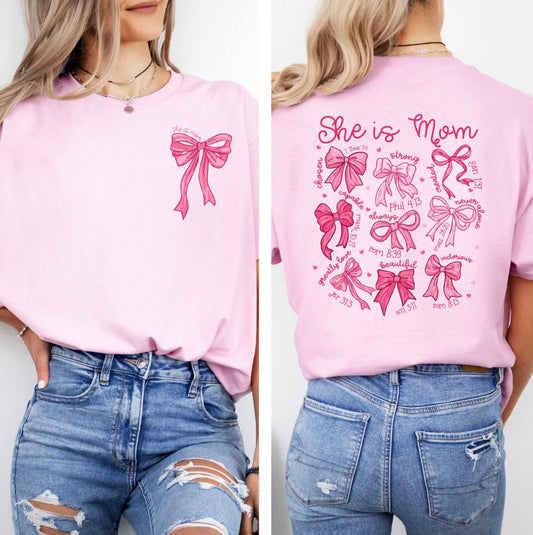 She Is Mom Bible Verse Coquette Tee in Pink