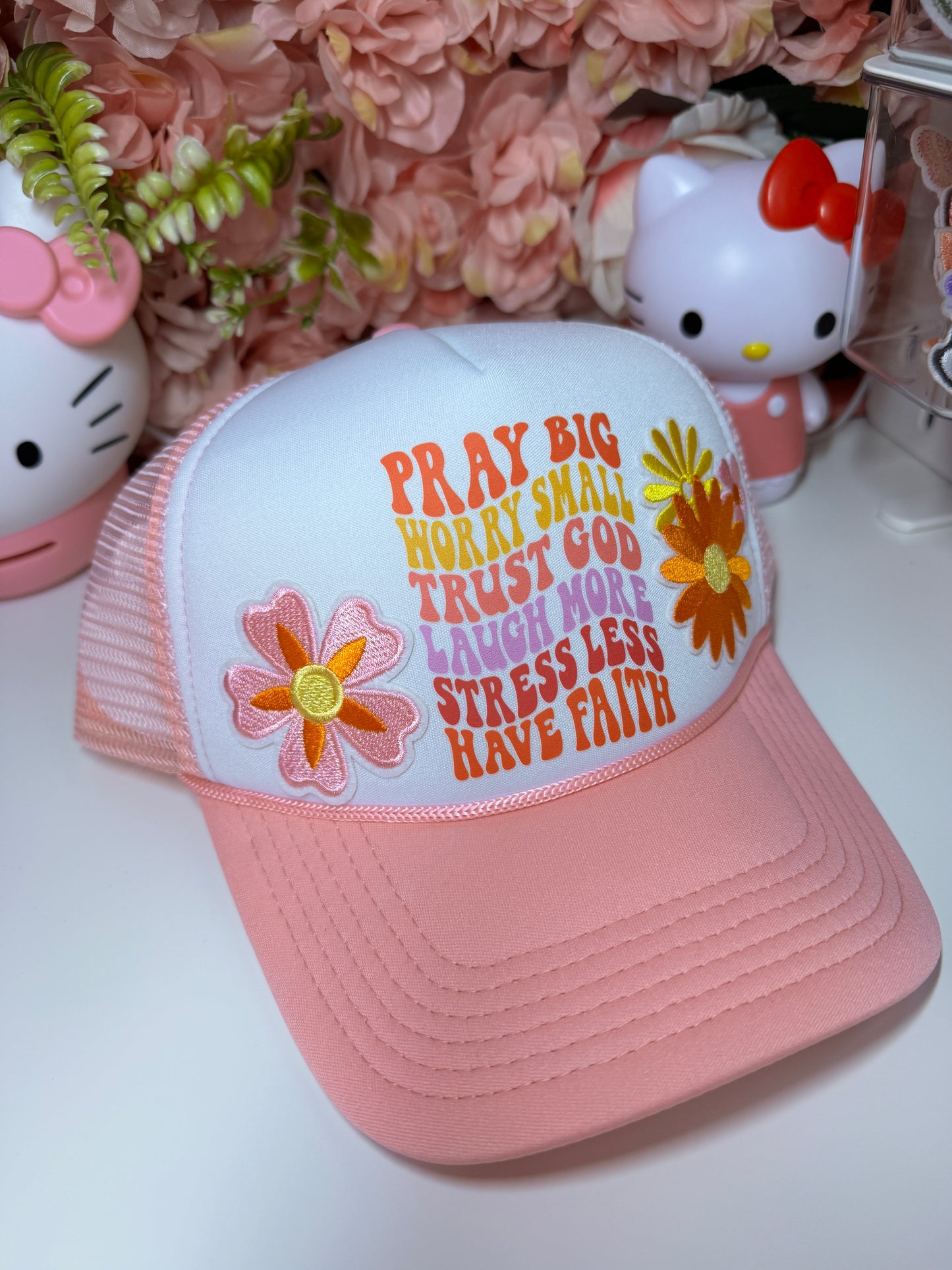 Pray Big Worry Small Trust God Floral Retro Pink & White Trucker Hat