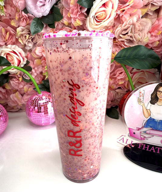 Custom Acrylic Tumbler With Red & Pink Glitter W/ Bling Lid