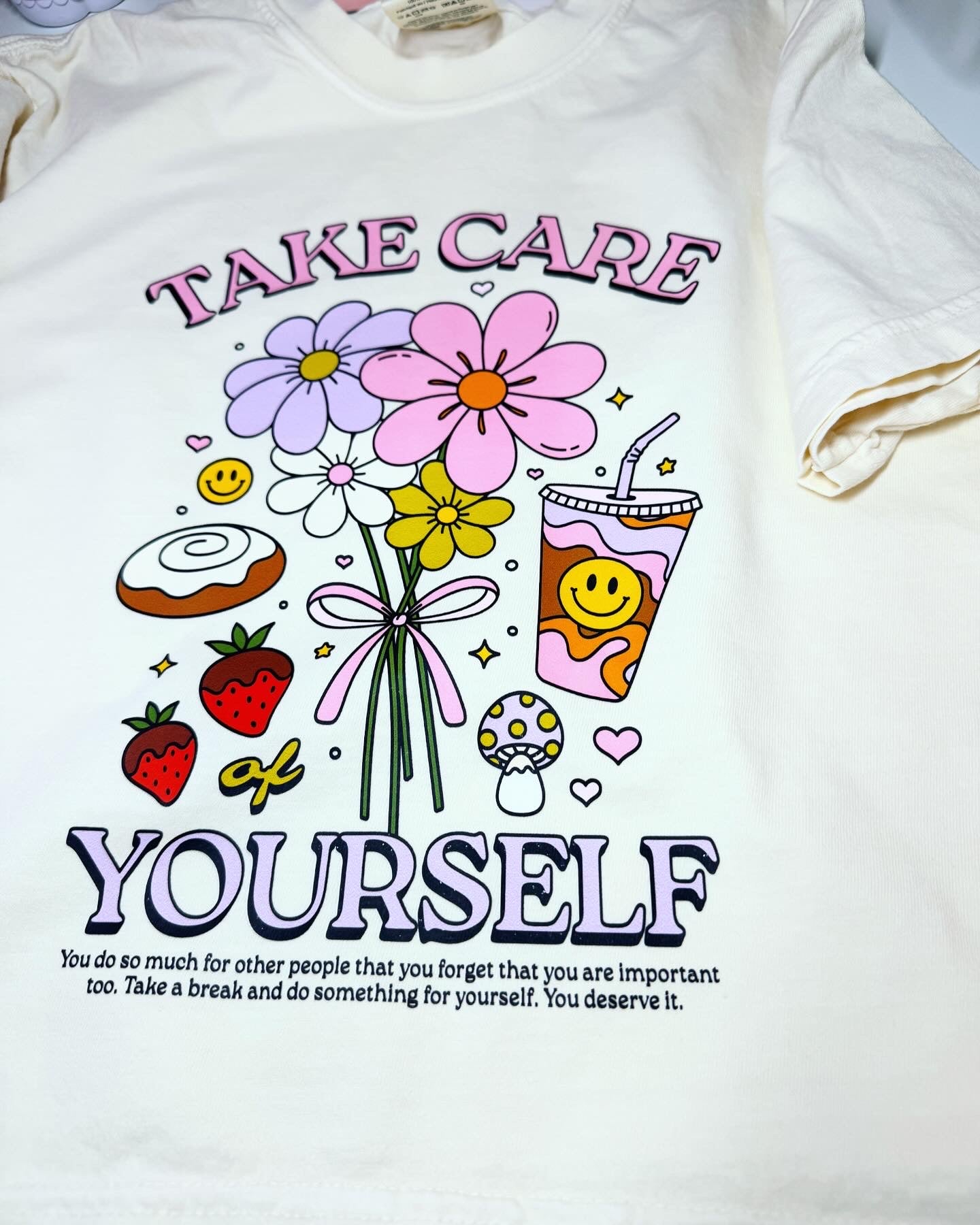 Take Care of Yourself Self Care Retro Boxy Fit Tee in Ivory