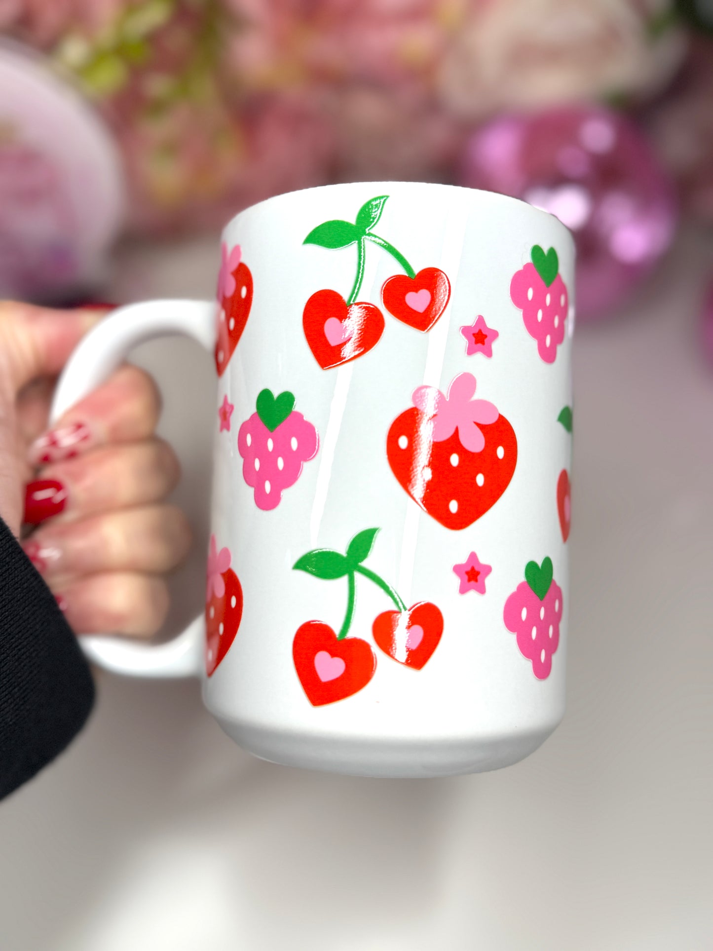 Strawberry Cherry Grape Heart Ceramic Mug 15oz