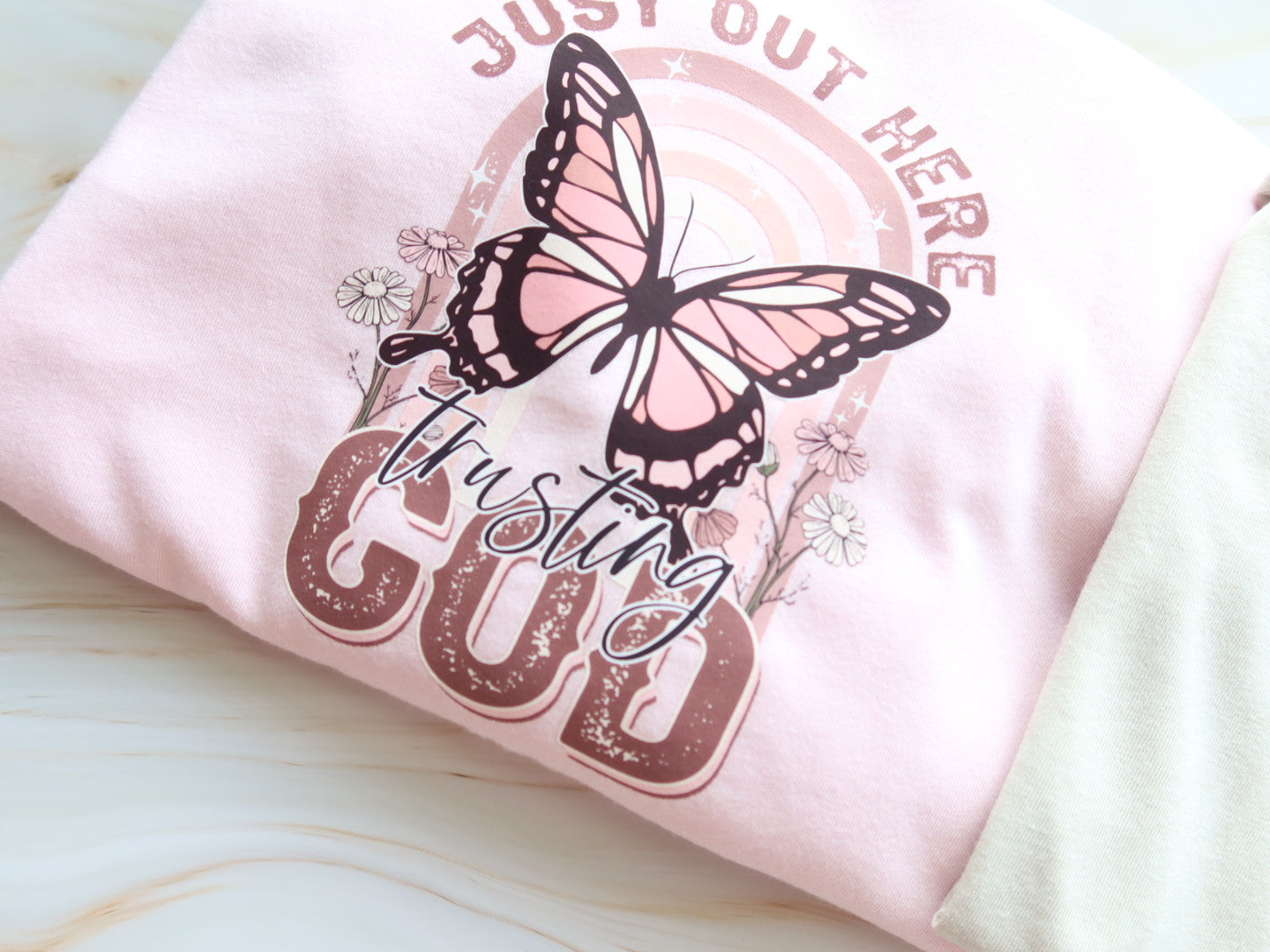 Just Out Here Trusting God Butterfly Tee In Pink Unisex Size