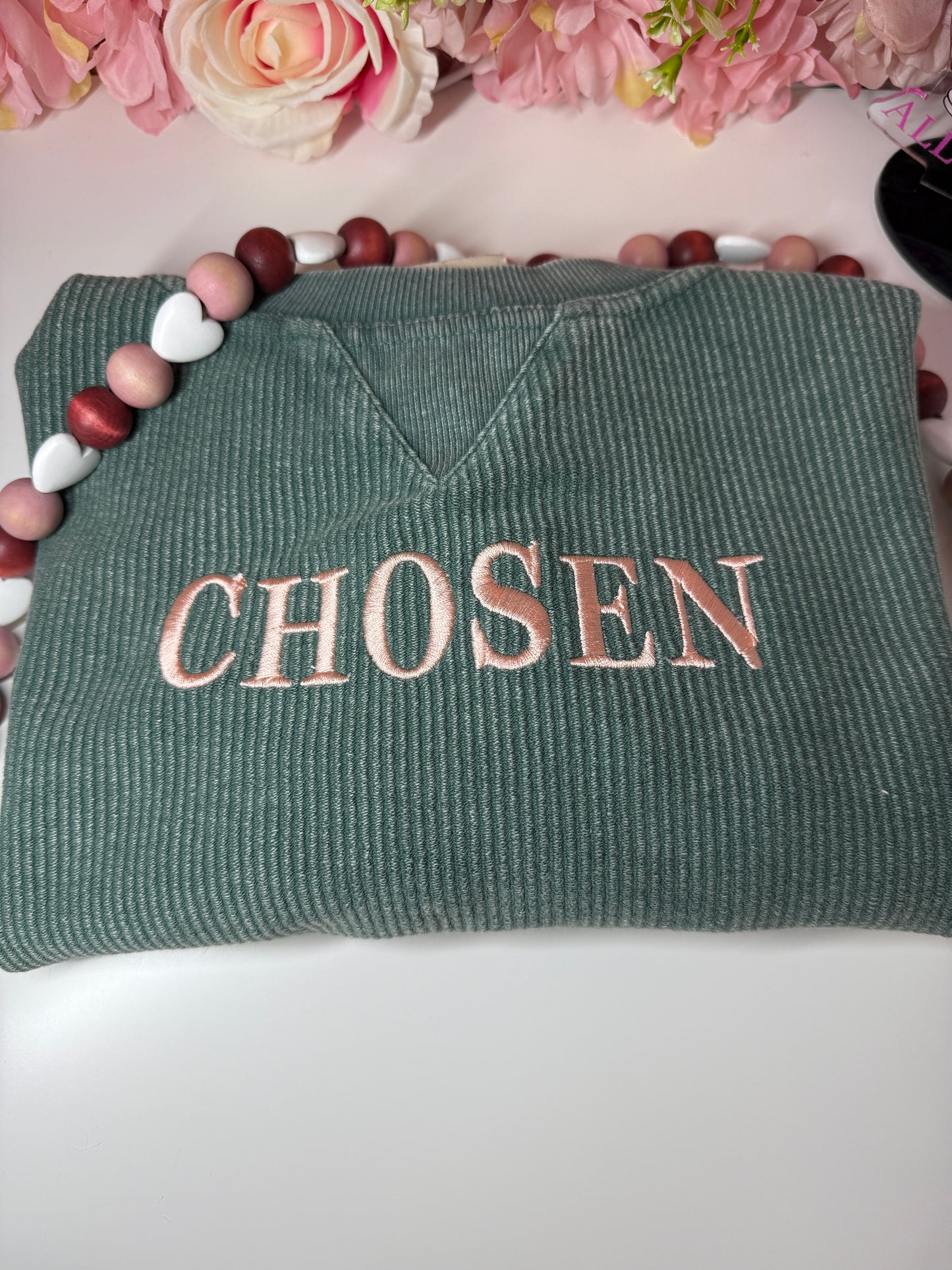 Chosen Embroidered Corded Boxy Pullover in Green