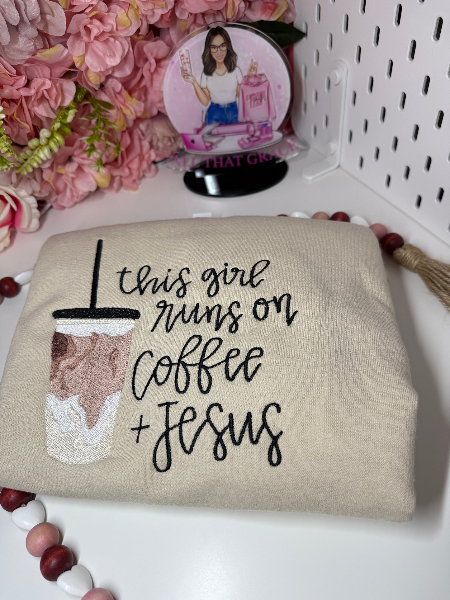 This Girl Runs On Coffee and Jesus Latte Pullover in Cream