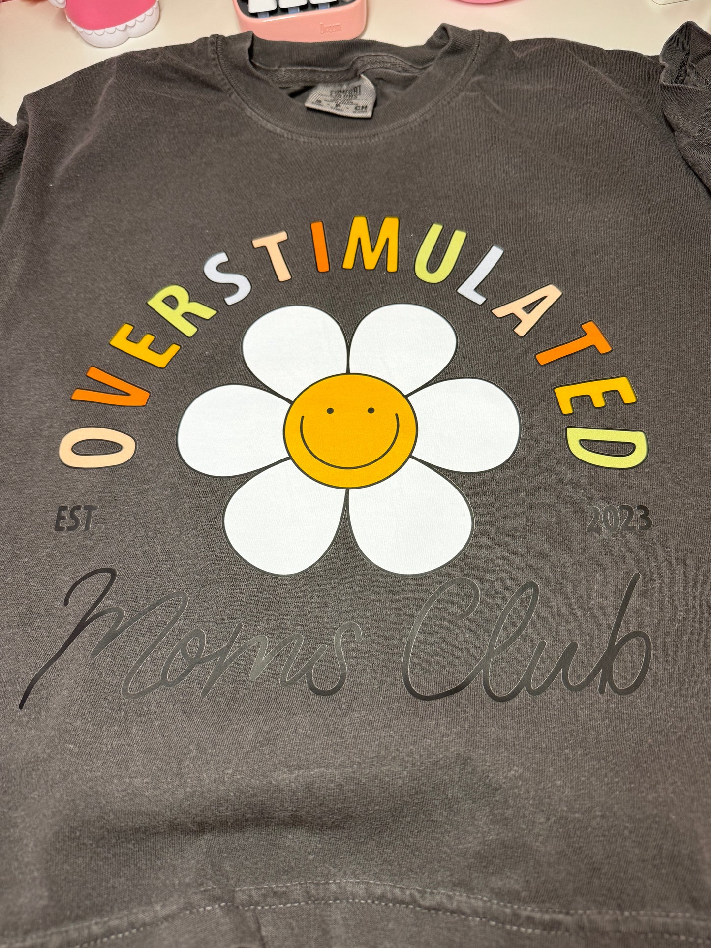 Overstimulated Moms Club Retro Boxy Tee in Gray