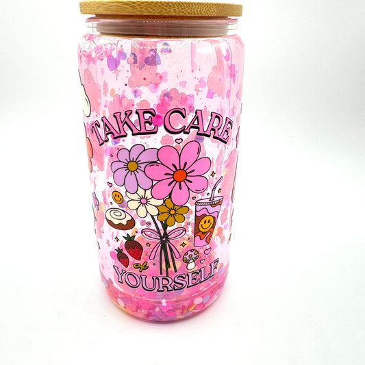 Take Care of Yourself Retro Flower Slow Moving 16 oz Snow-globe Libby Tumbler