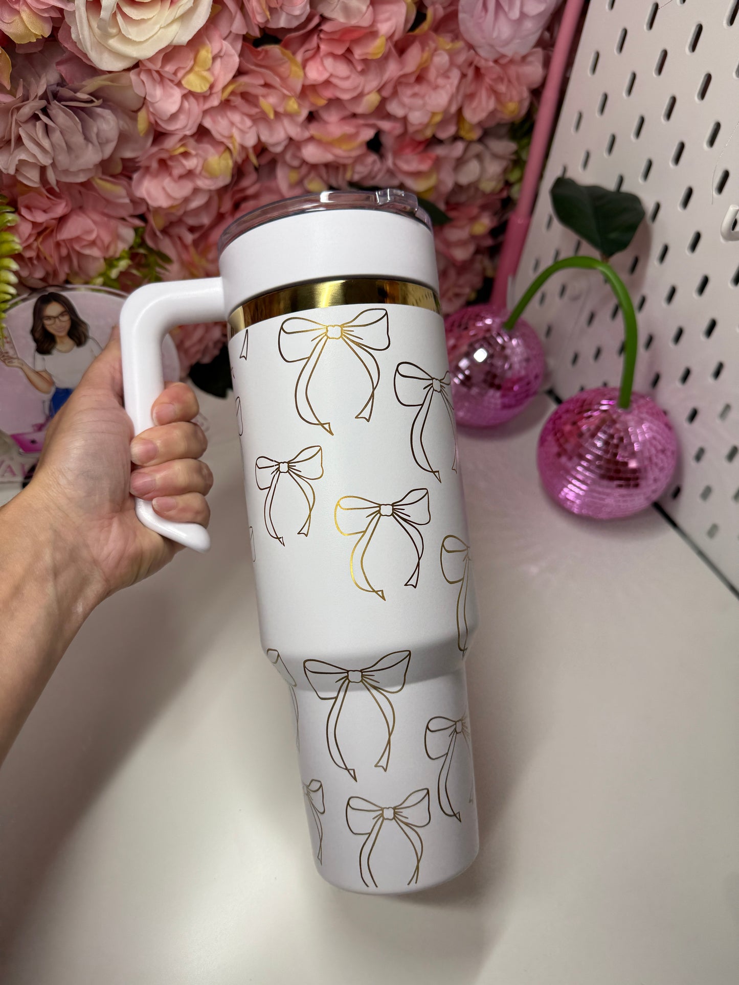 Bow Coquette Engraved Tumbler Gold and White 40oz Available in Different Colors