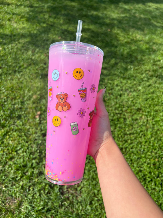 Retro Teddy Bear, Smiley Face and Coffee Pink Snow Globe Acrylic Tumbler 24oz