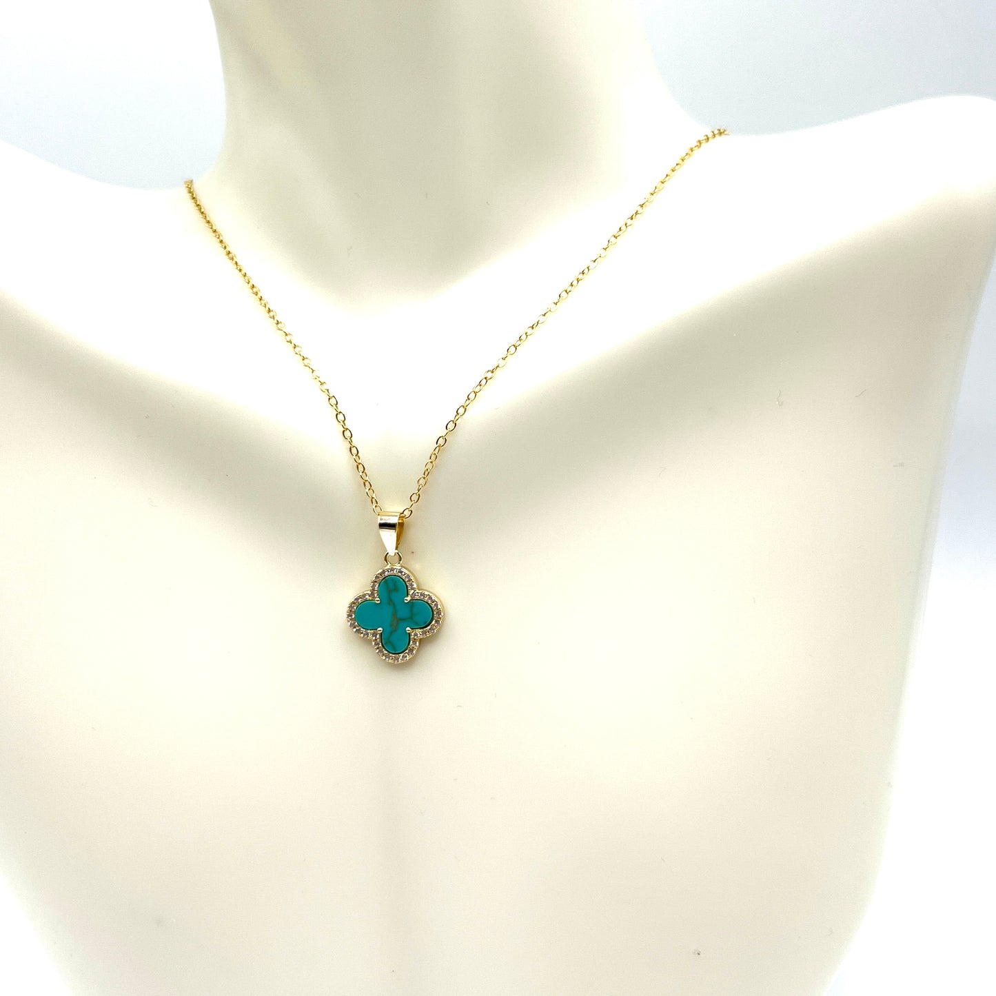 Clover Pave Pendant Gold Necklace in Turquoise Stone