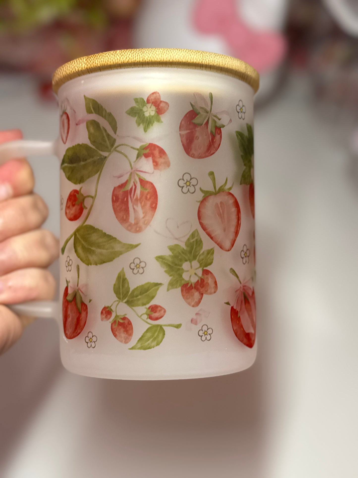 Strawberry Coquette Frosted Glass Mug 17oz